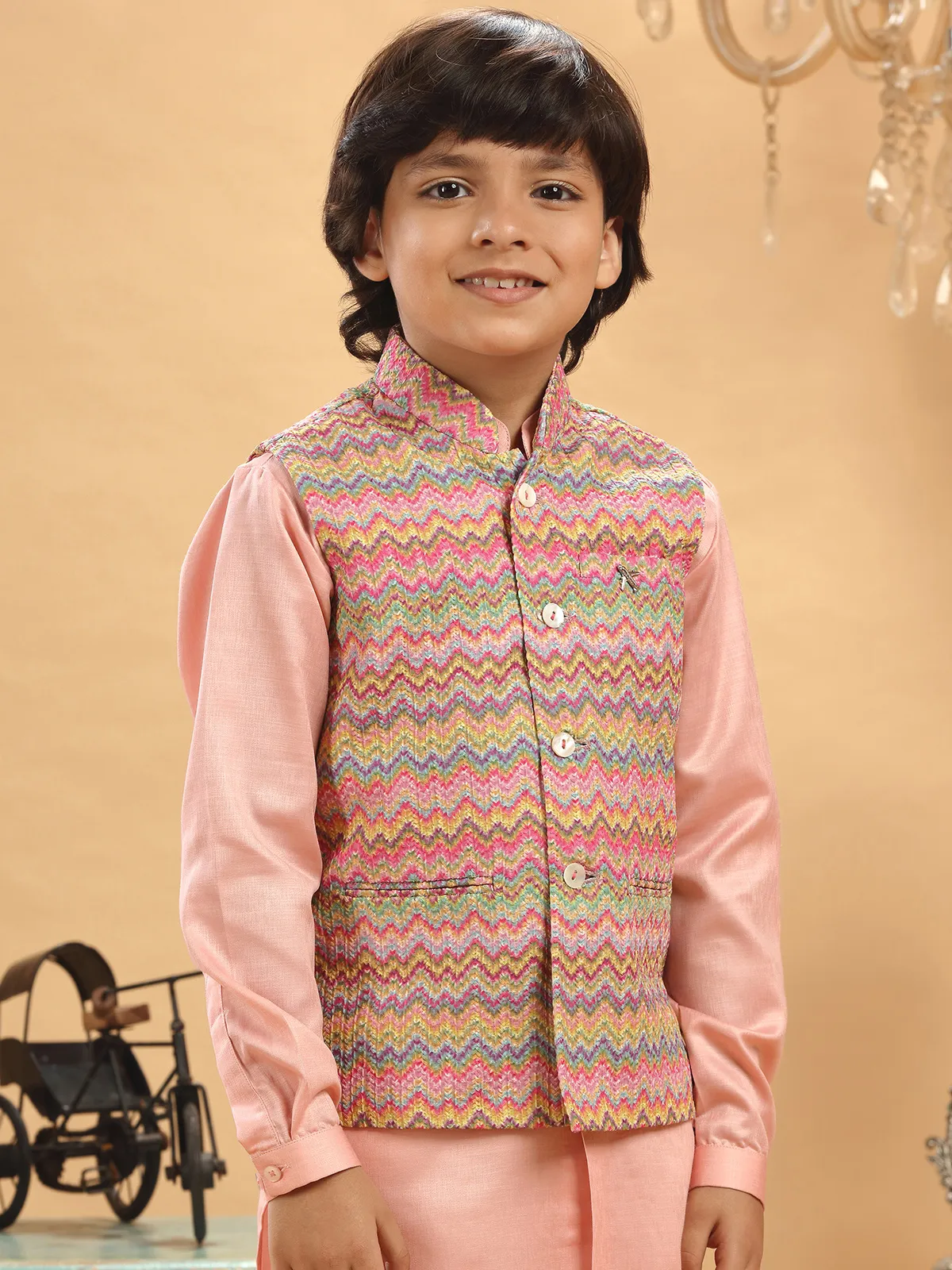 Peach zig zag pattern silk waistcoat set