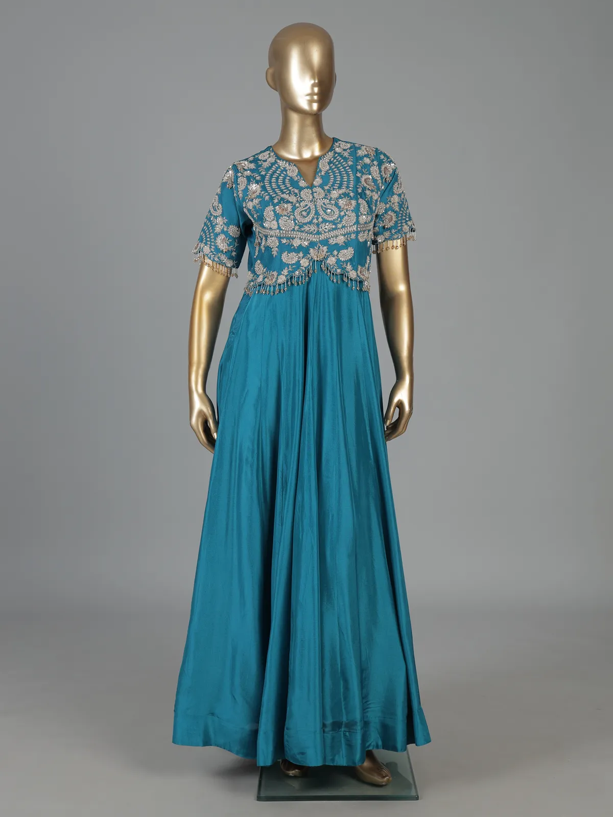 Peacock blue silk Anarkali suit for festive celebration