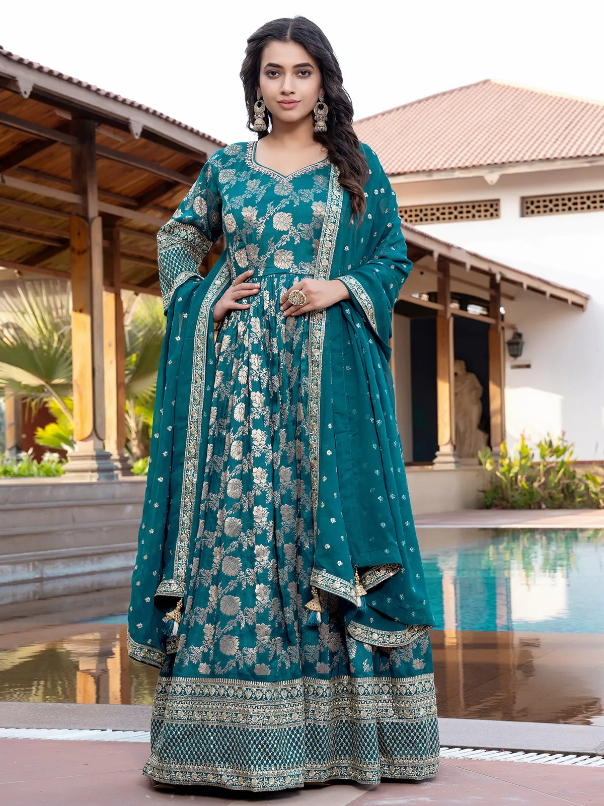 Peacock blue silk anarkali suit for wedding