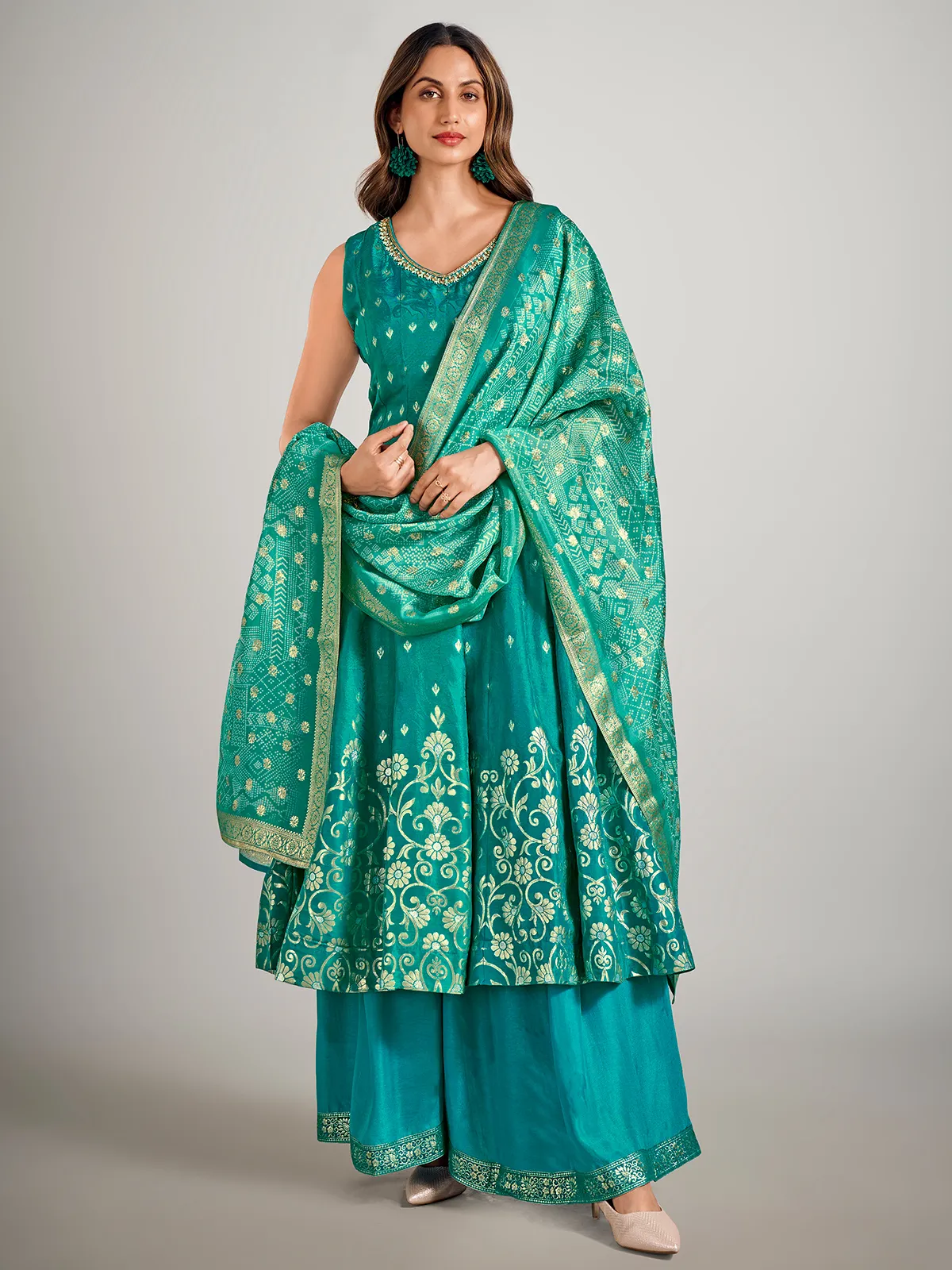 Peacock green silk palazzo suit