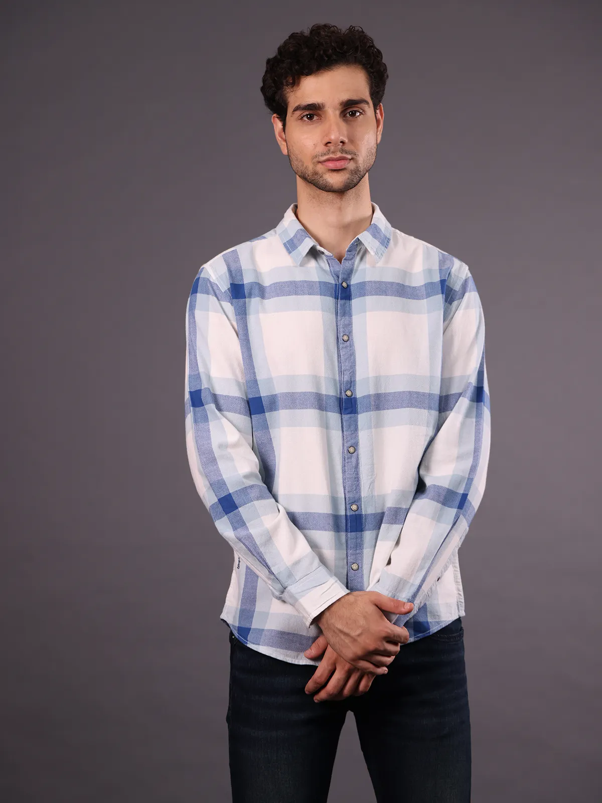 PEPE JEANS white and blue checks cotton shirt