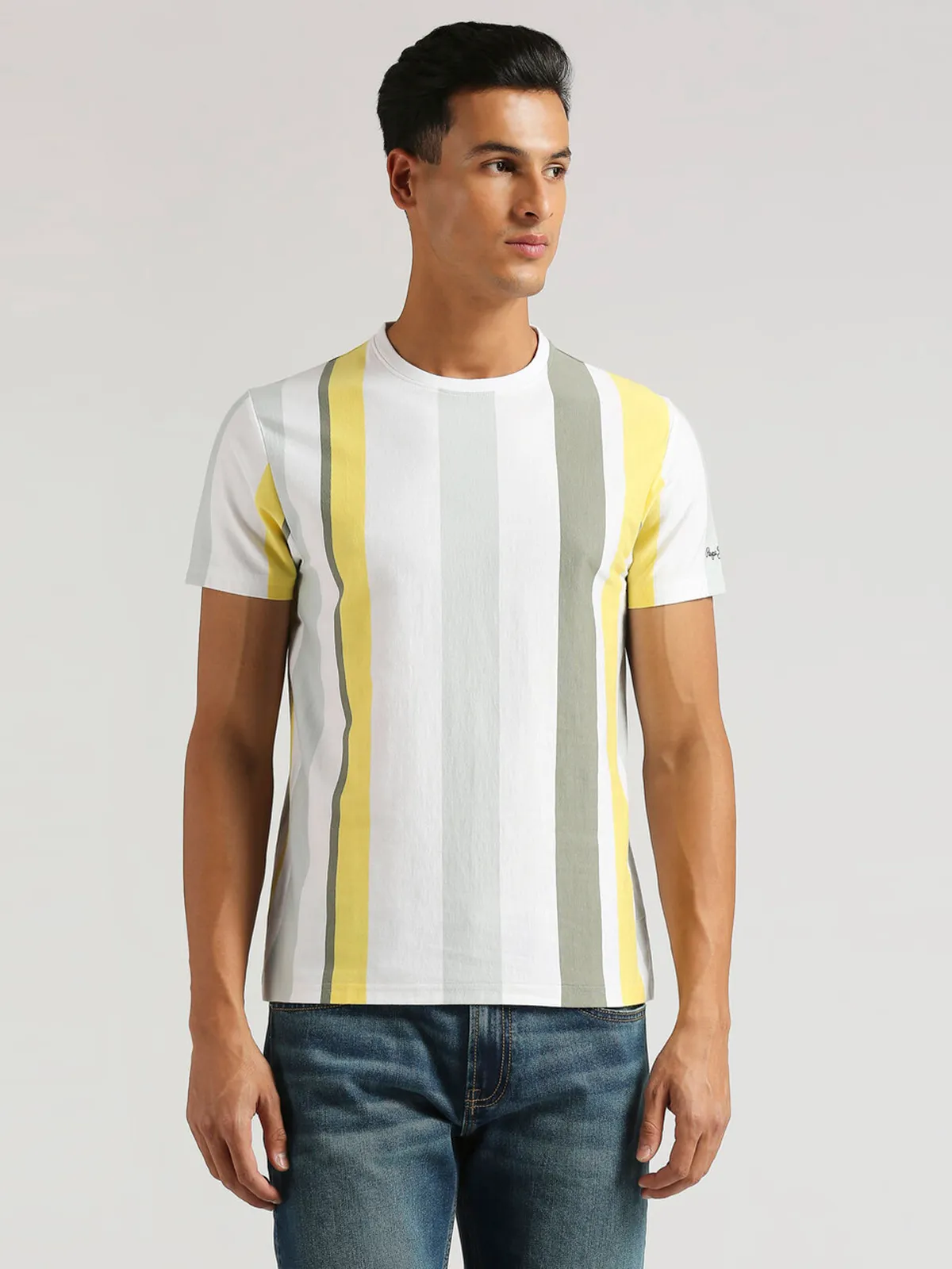 PEPE JEANS white and yellow vertical stripe t-shirt