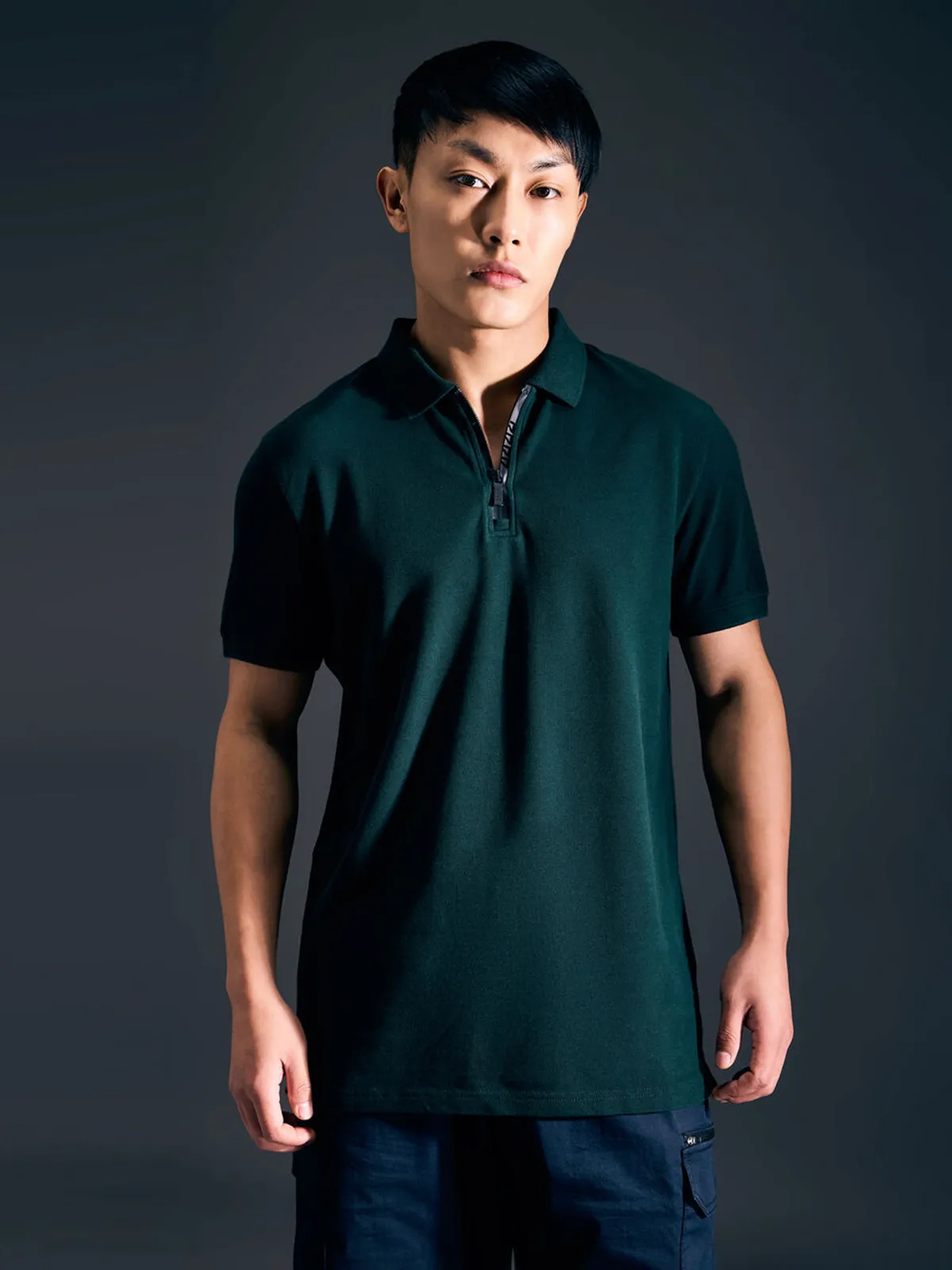 PEPE solid green cotton zipper polo t-shirt for men