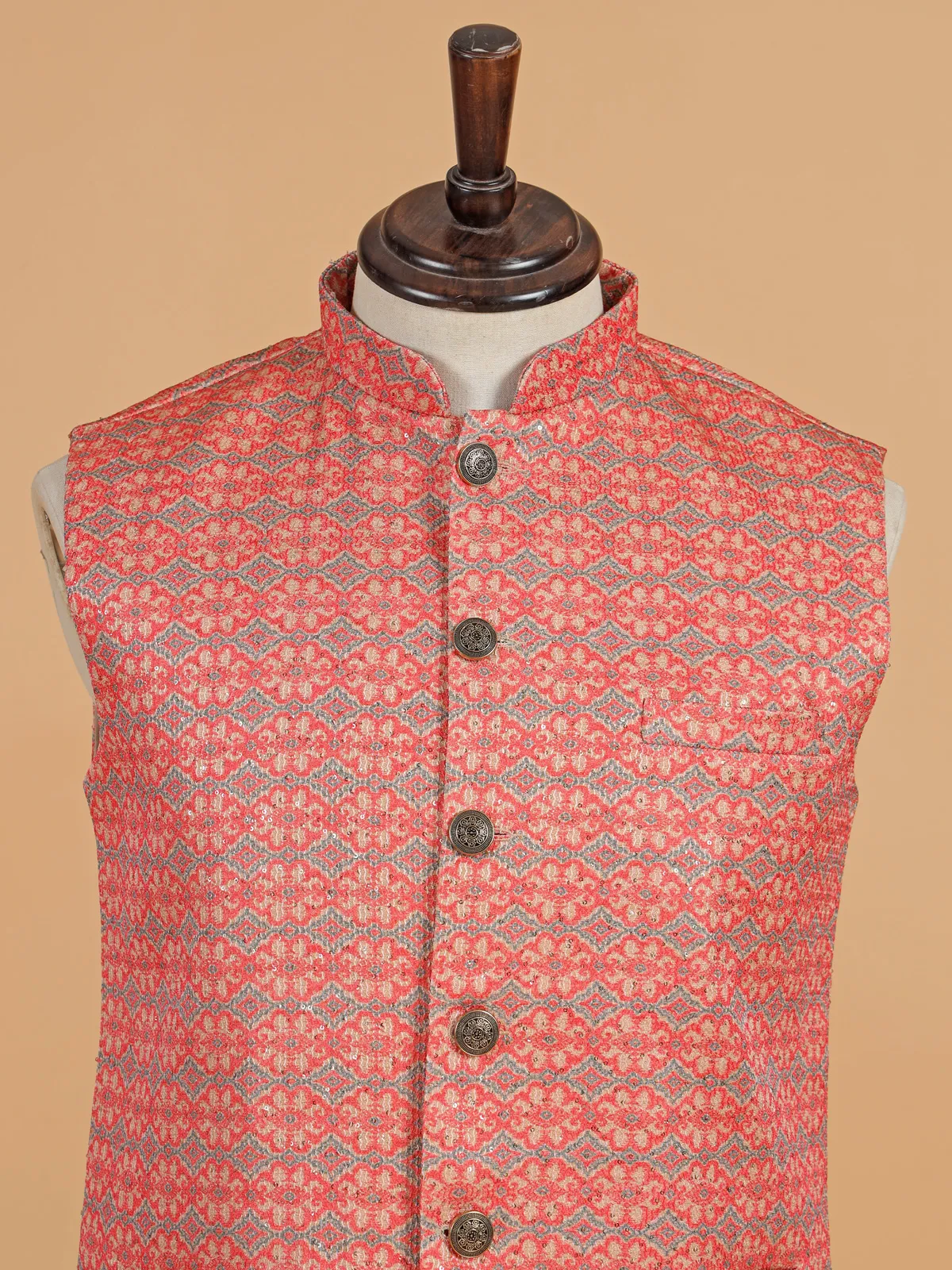 Pink and beige printed cotton silk waistcoat