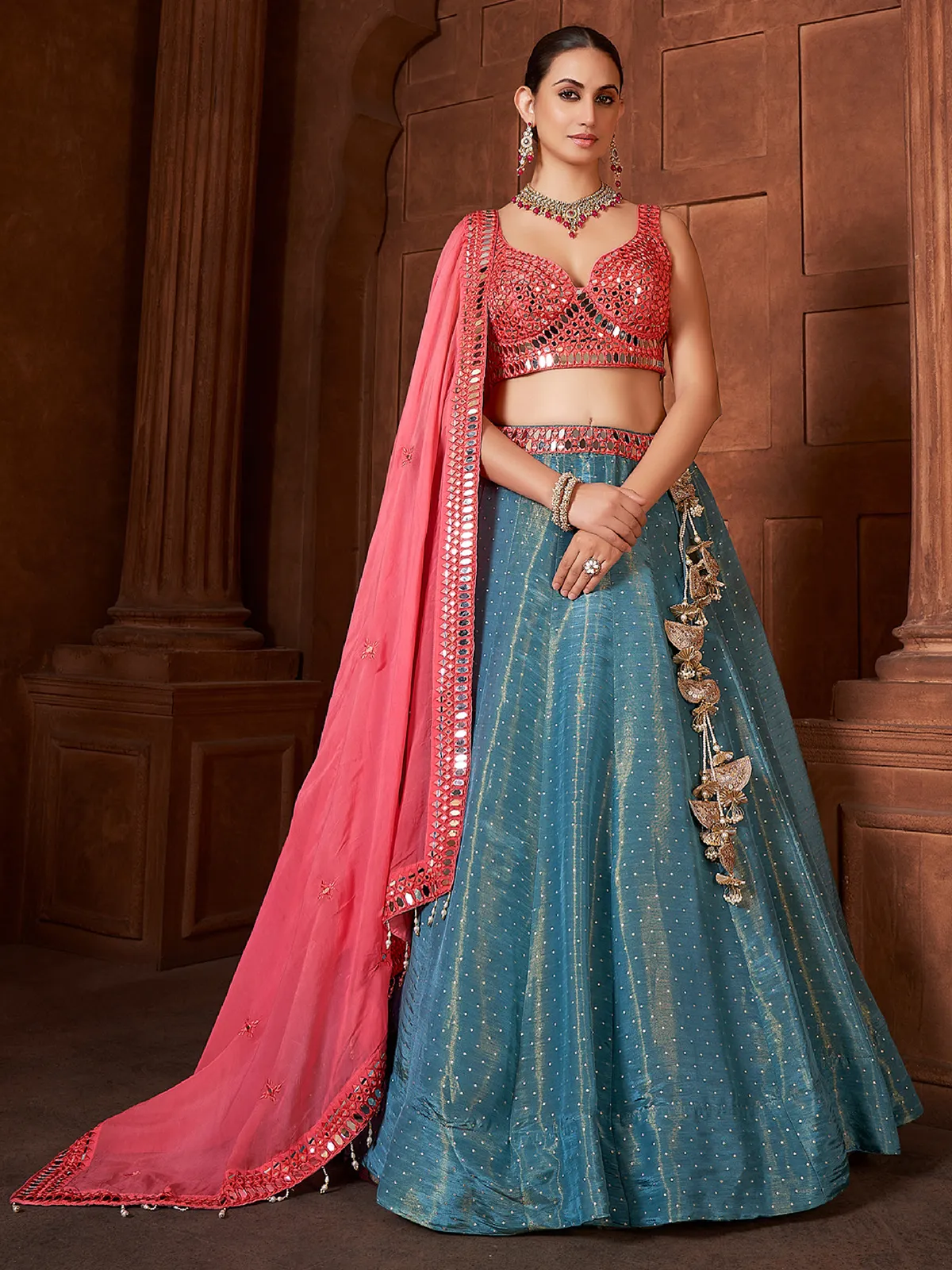 Pink and blue organza lehenga choli