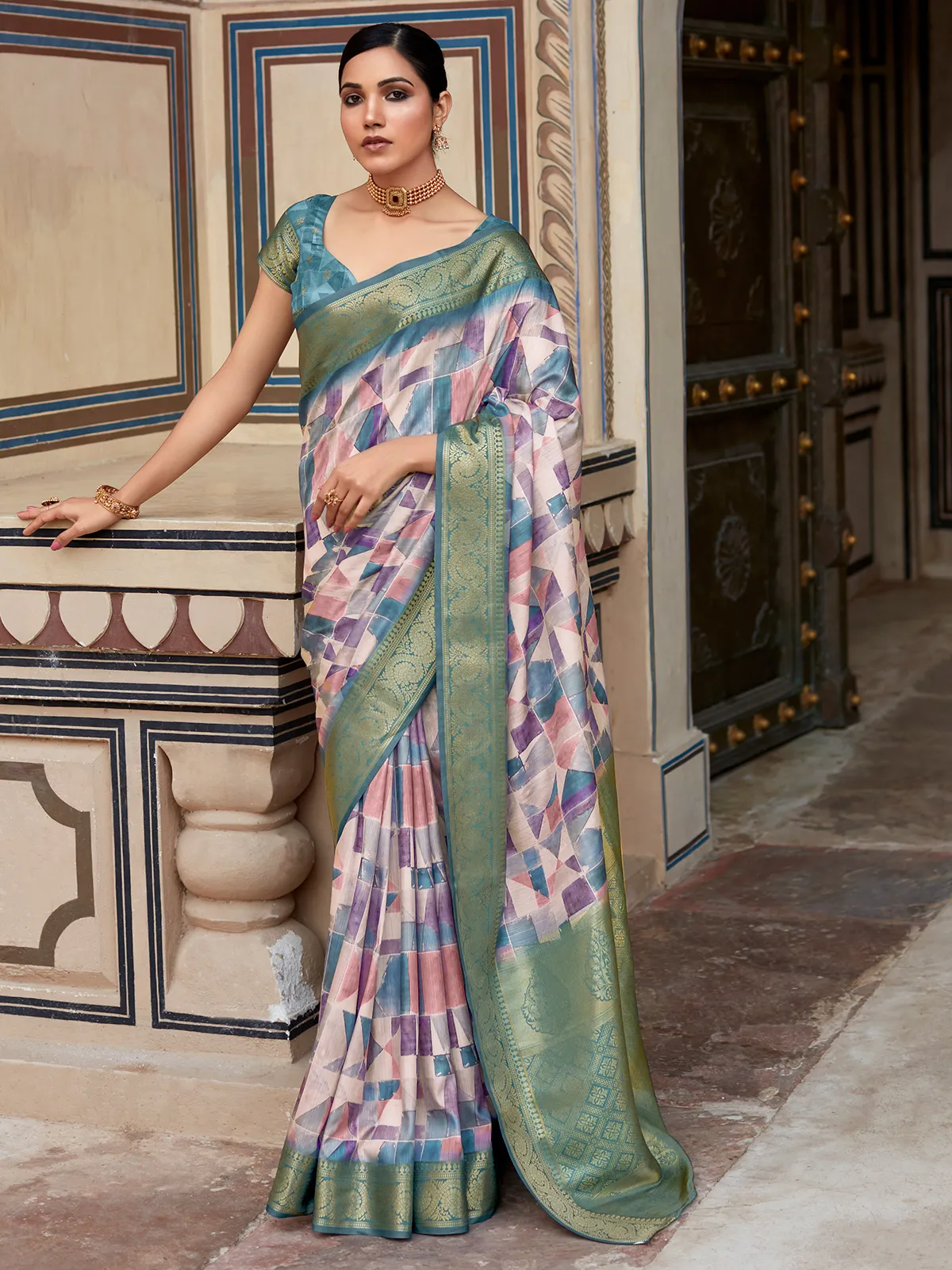 Pink and blue printed saree