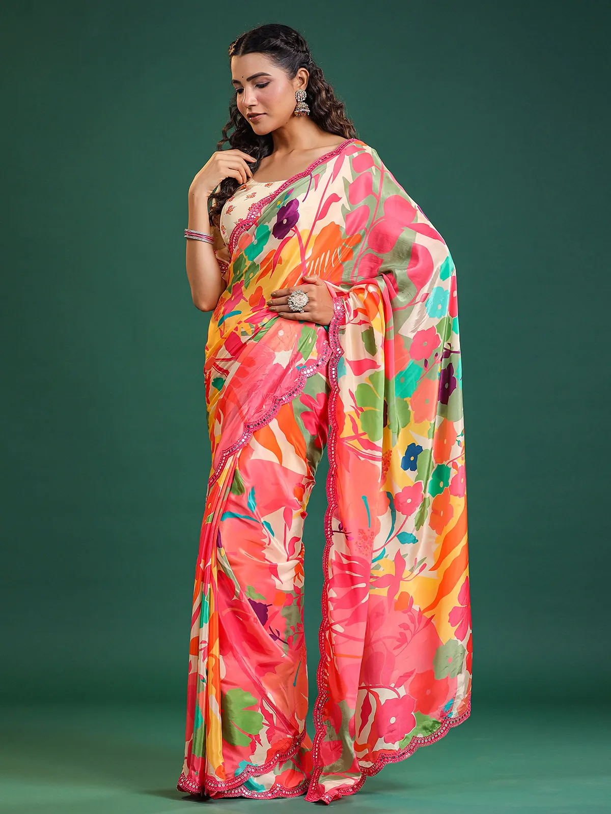 Pink and cream printed saree