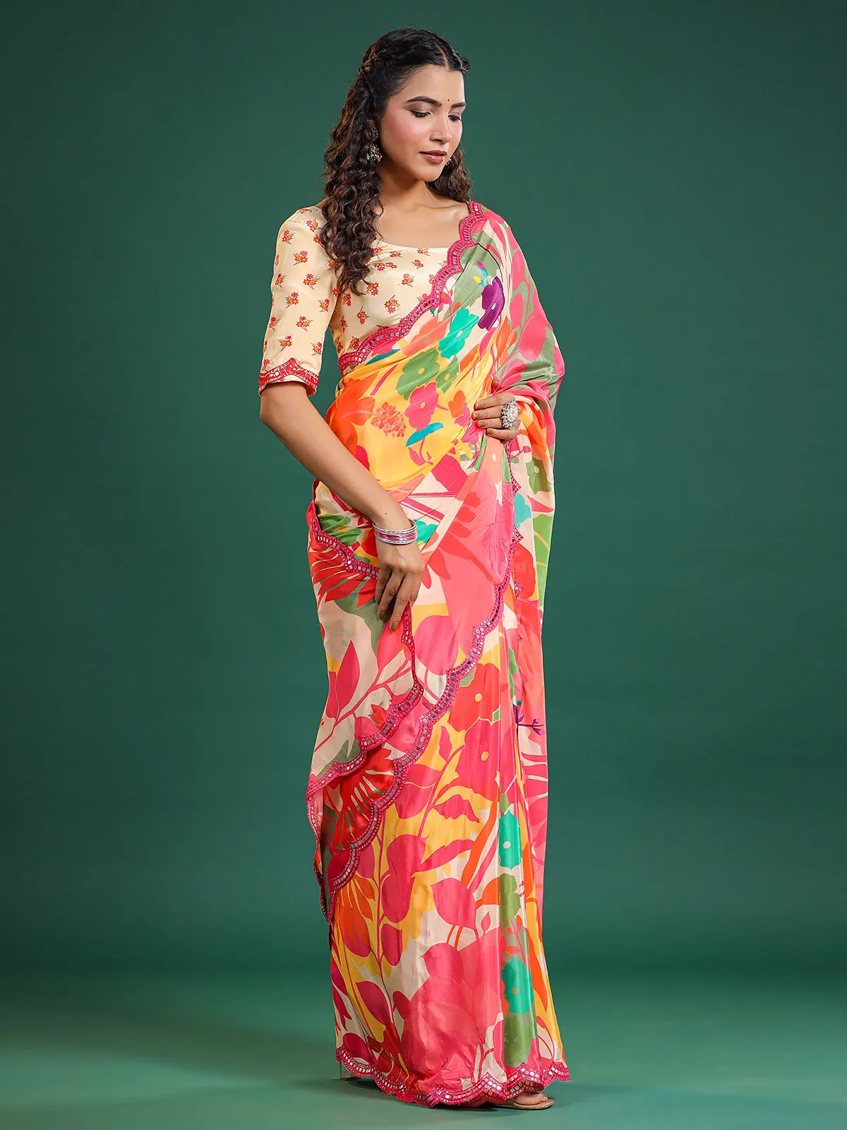 Pink and cream printed saree