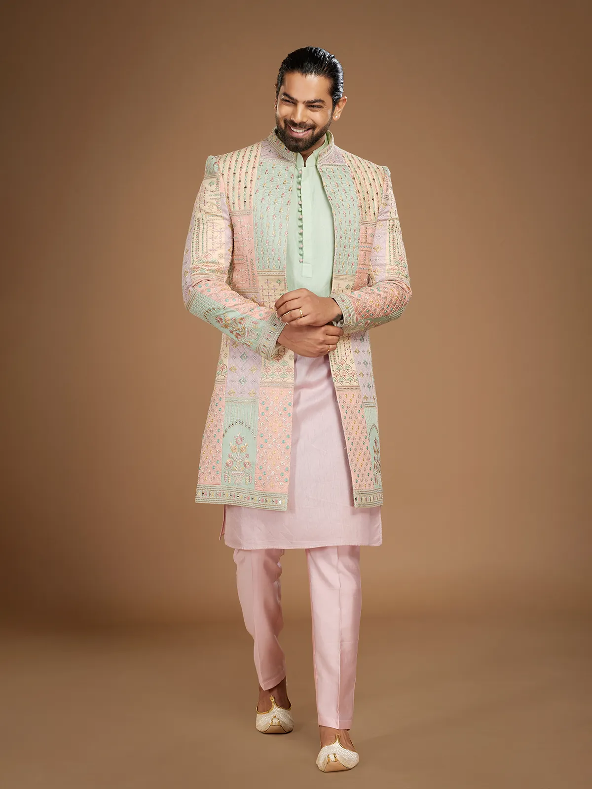 Pink and green shaded silk indowestern