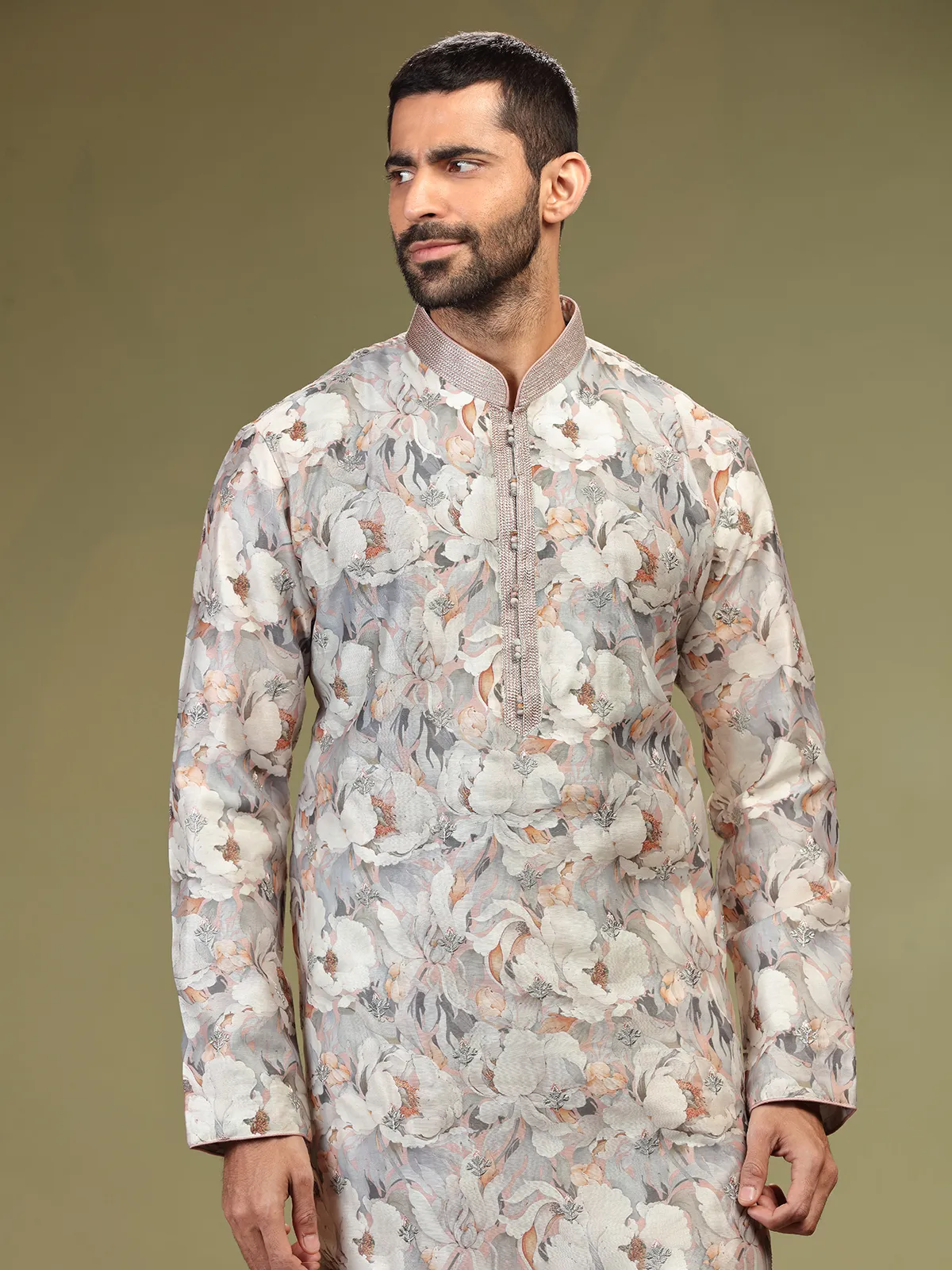 Pink and grey floral printed  Men Kurta pajama