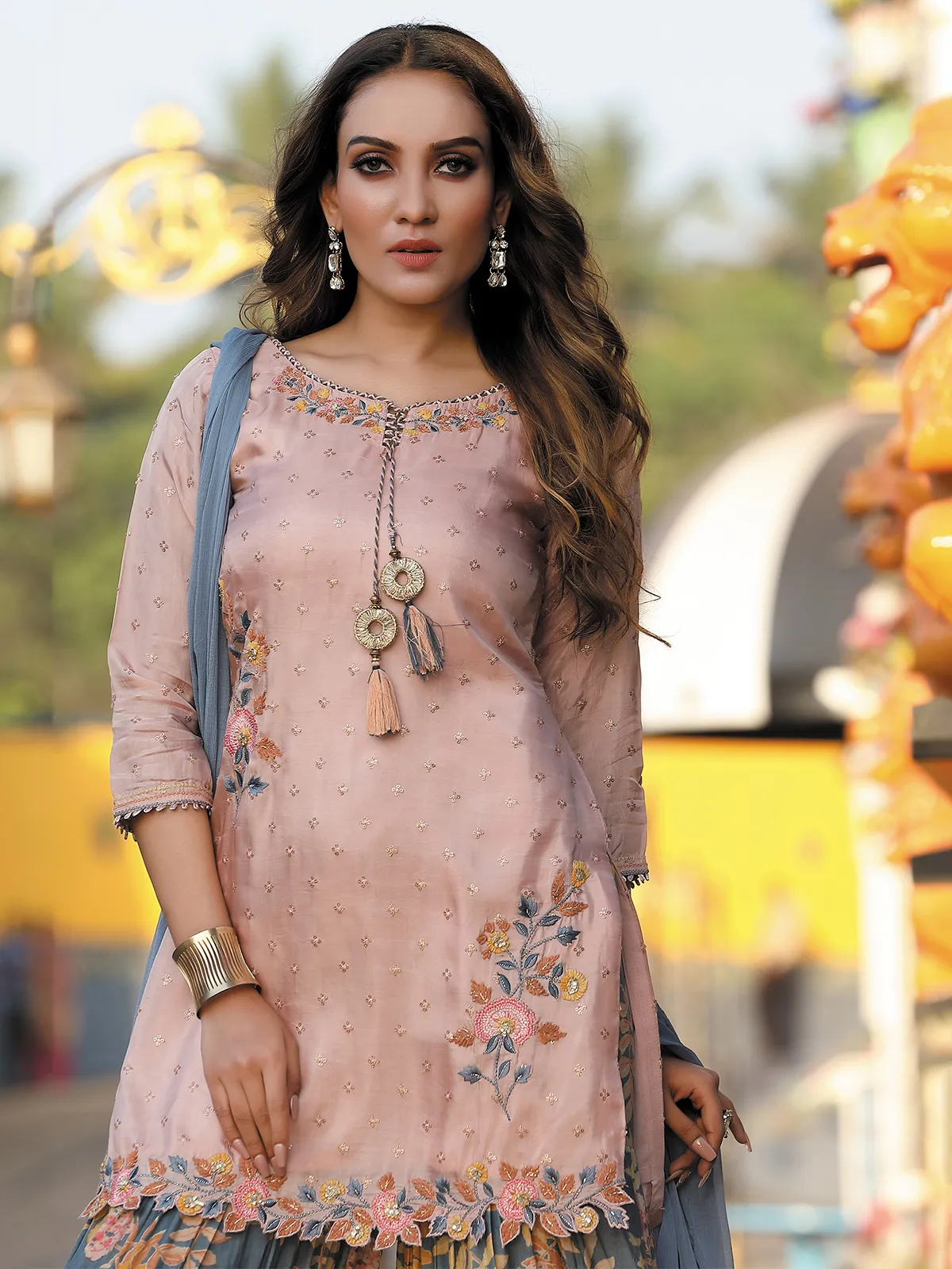 Pink and grey silk sharara suit for festive celebration