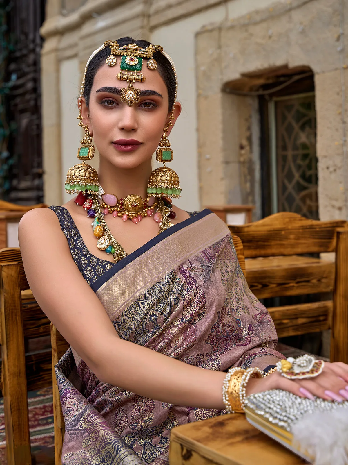 Pink and navy printed silk saree