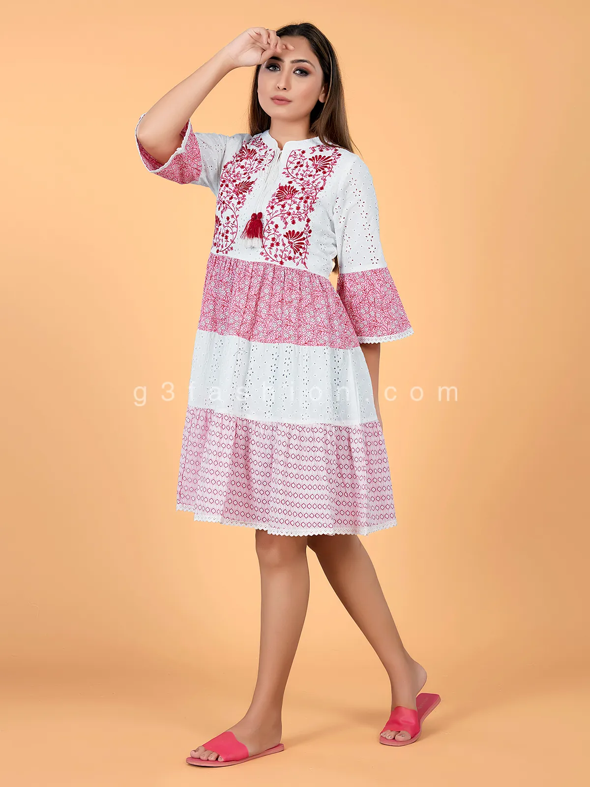 Pink and white cotton causal wear kurti