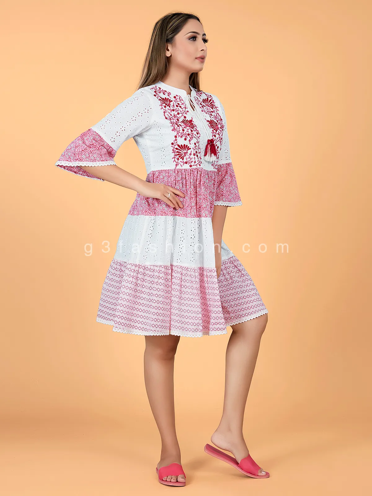 Pink and white cotton causal wear kurti
