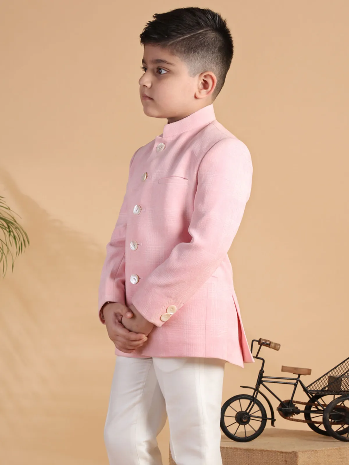 Pink checks terry rayon jodhpuri boys coat suit