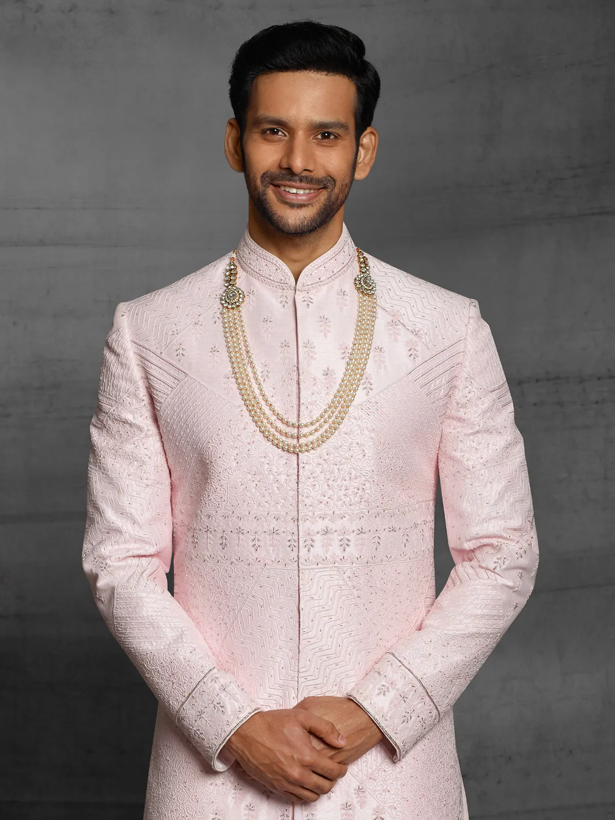 Pink color silk wedding wear dual layer sherwani