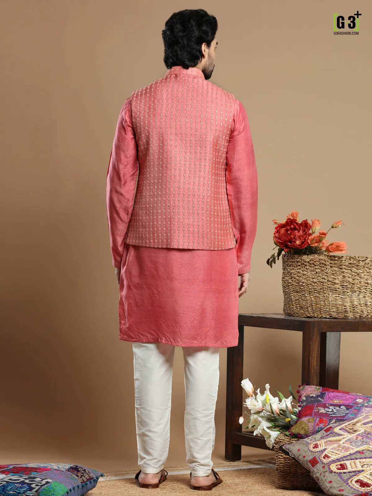 Pink color wedding wear cotton silk waistcoat set