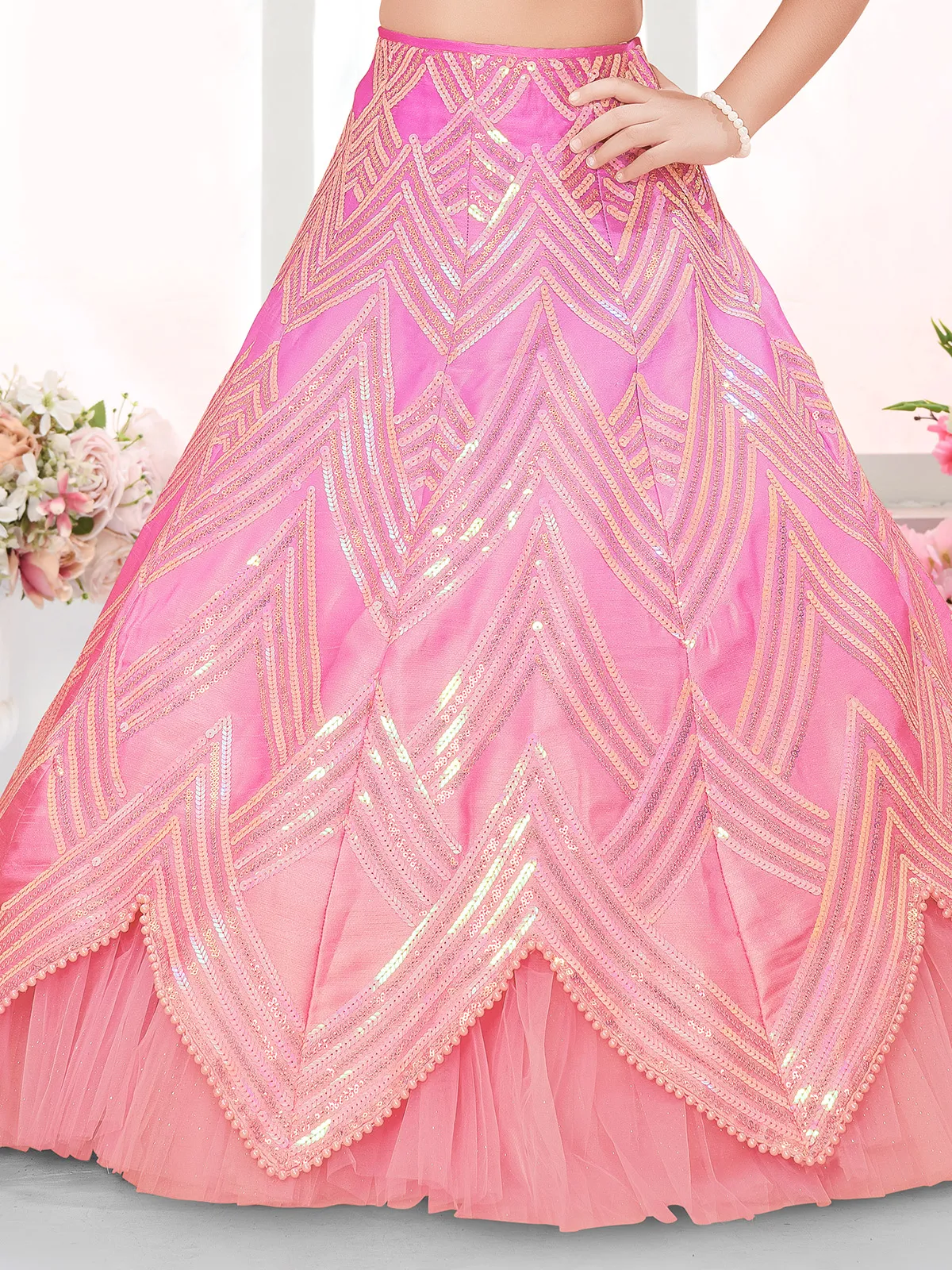 Pink cotton silk designer sequin pearl lehenga choli