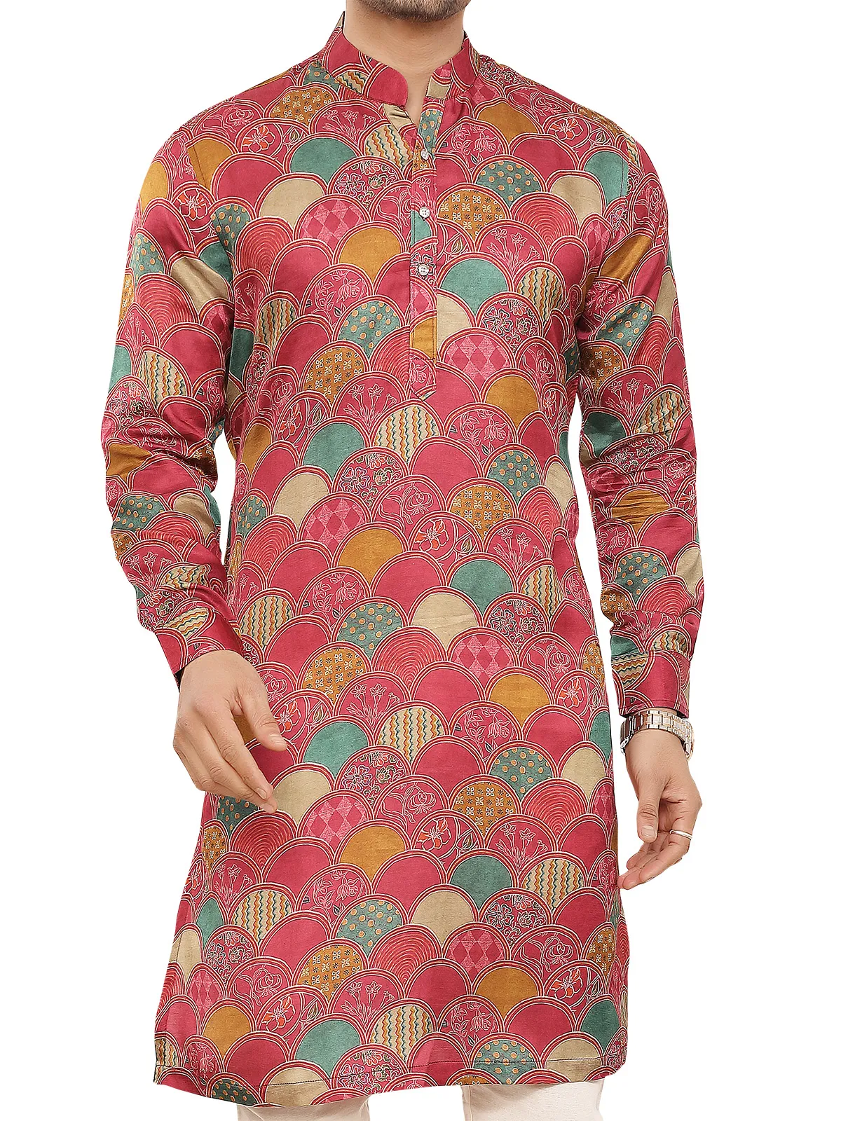 Pink festive wear printed mens kurta