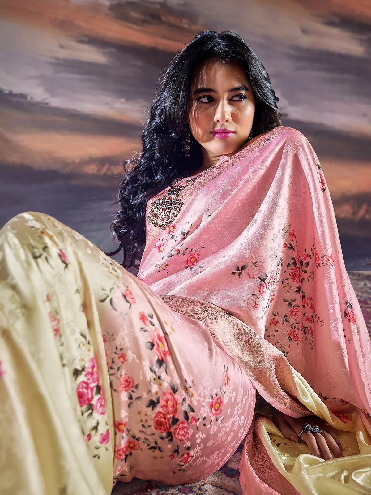 Pink floral printed saree in satin