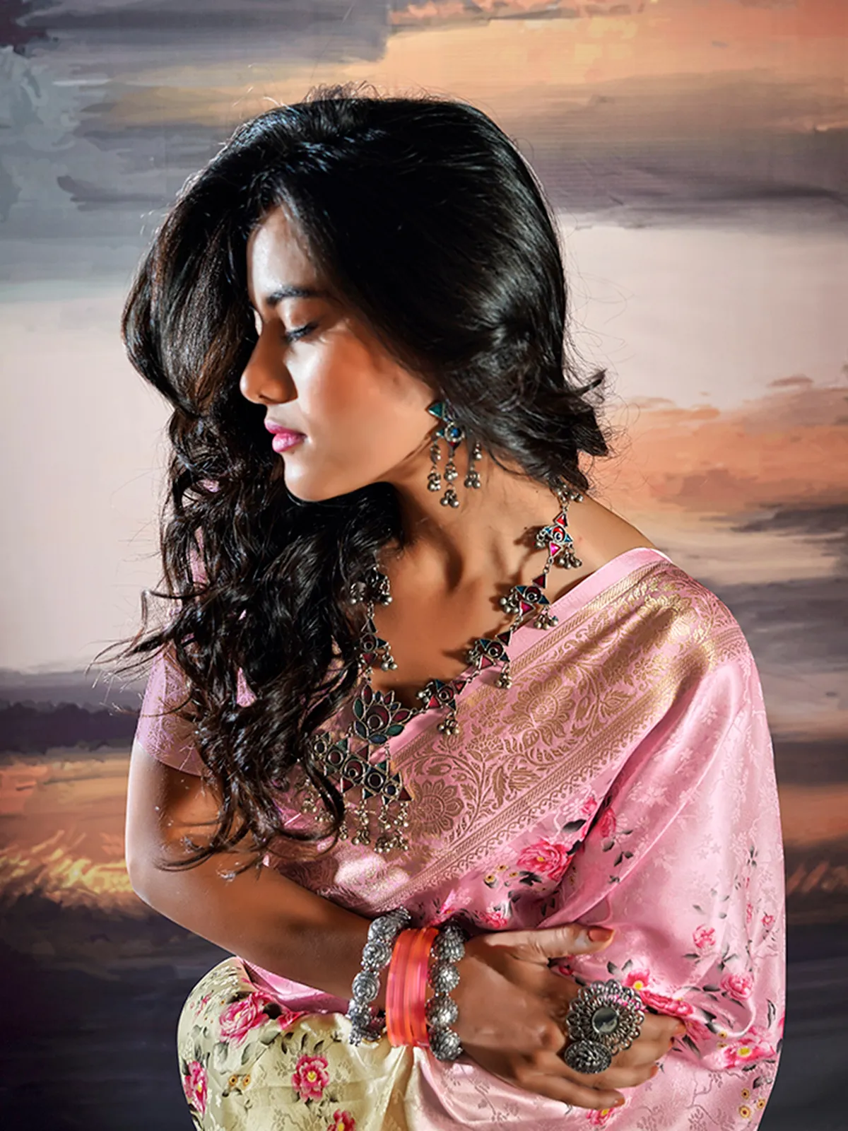 Pink floral printed saree in satin