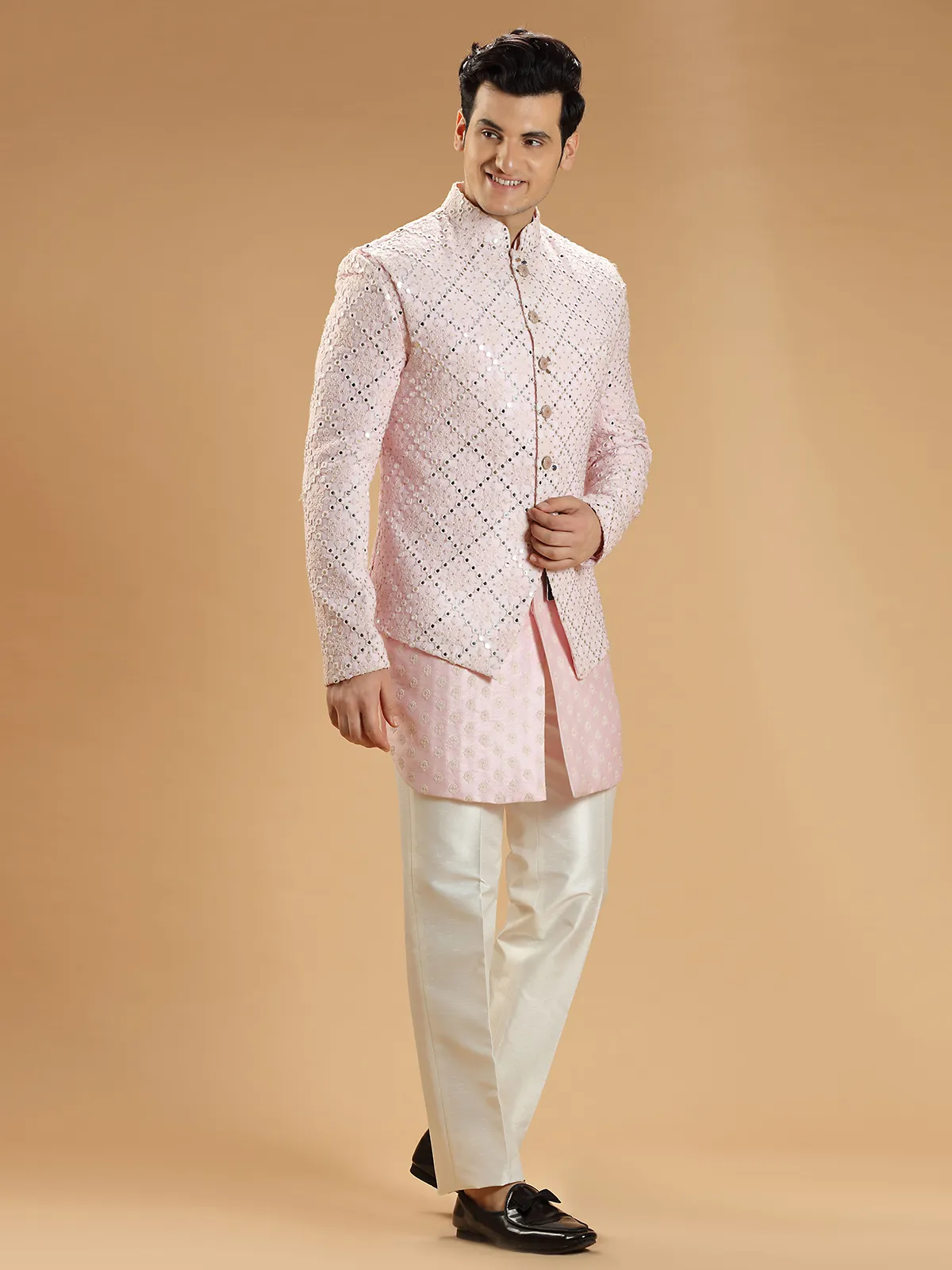 Pink georgette wedding look men indowestern