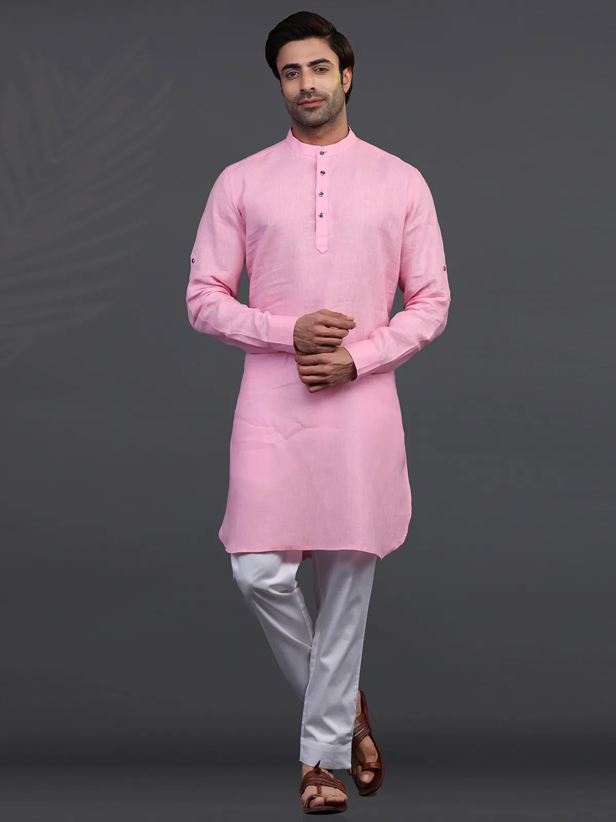 Pink linen mens kurta suit for festive days