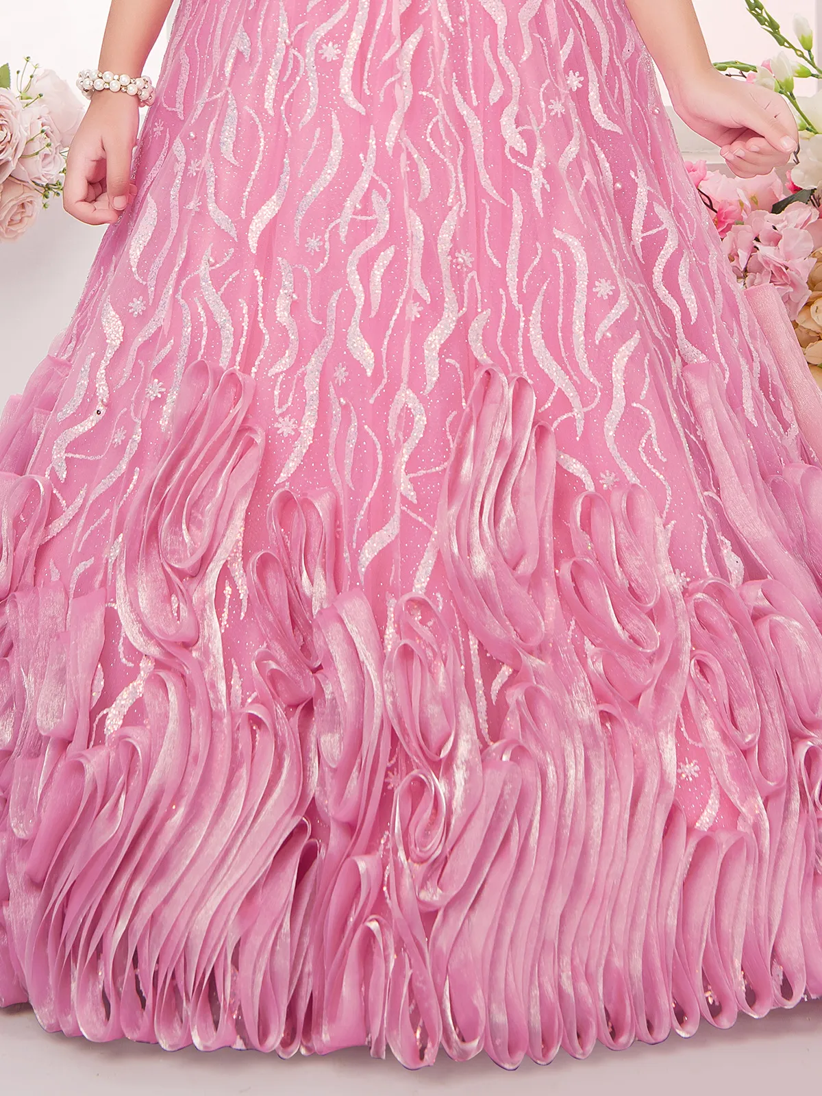 Pink net designer pearl patch work floor length gown