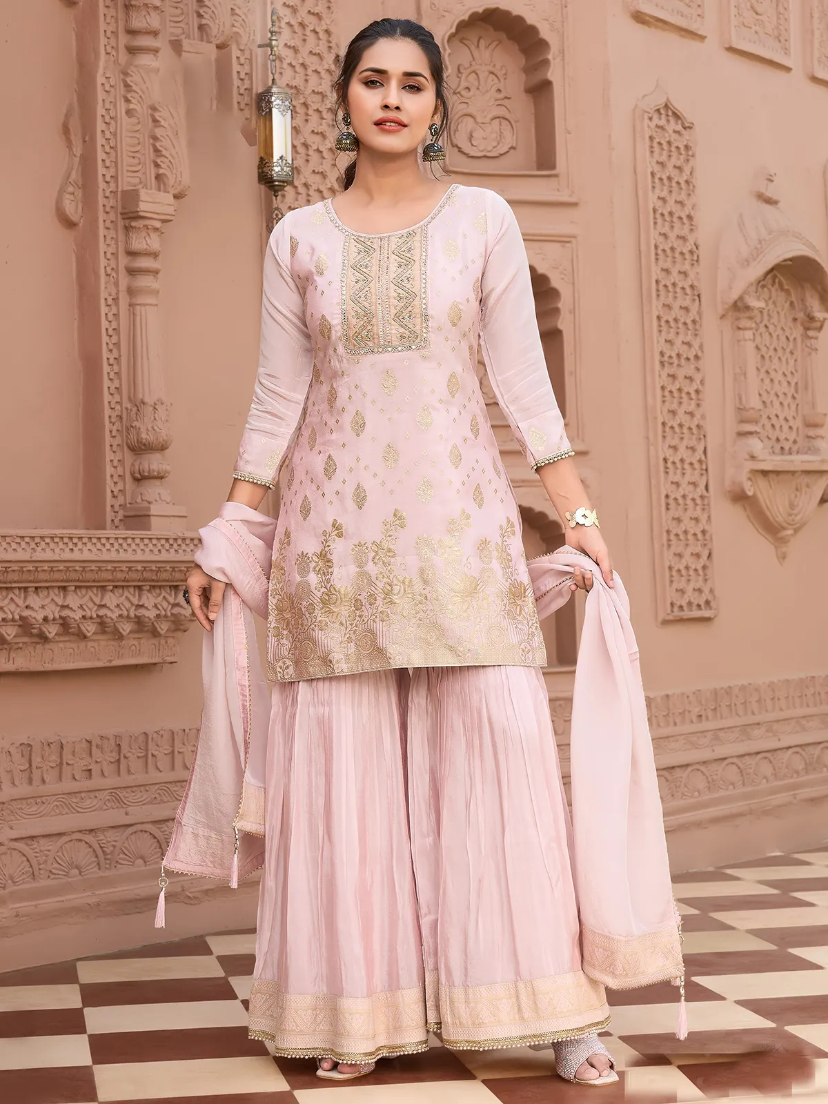 Pink pakistani tissue silk sharara suit