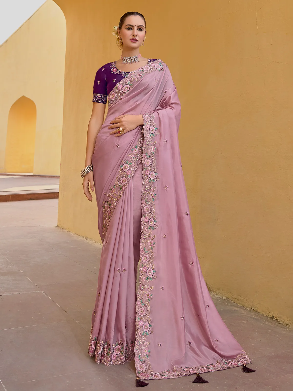 Pink saree with embroidery border