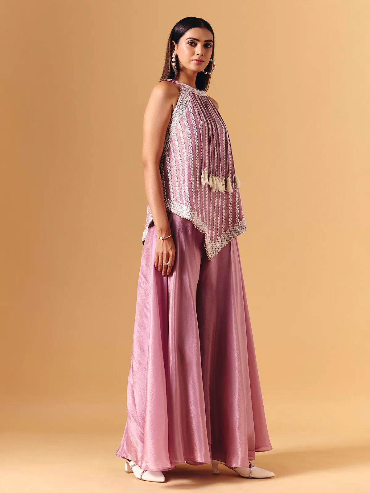 Pink satin silk palazzo suit with gota tassel accents