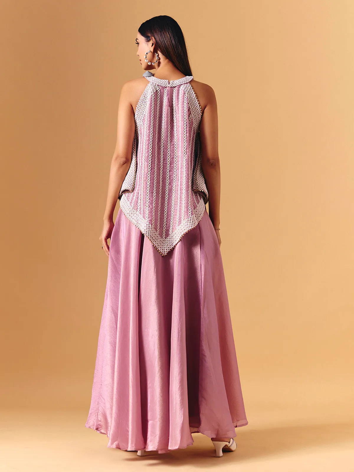 Pink satin silk palazzo suit with gota tassel accents