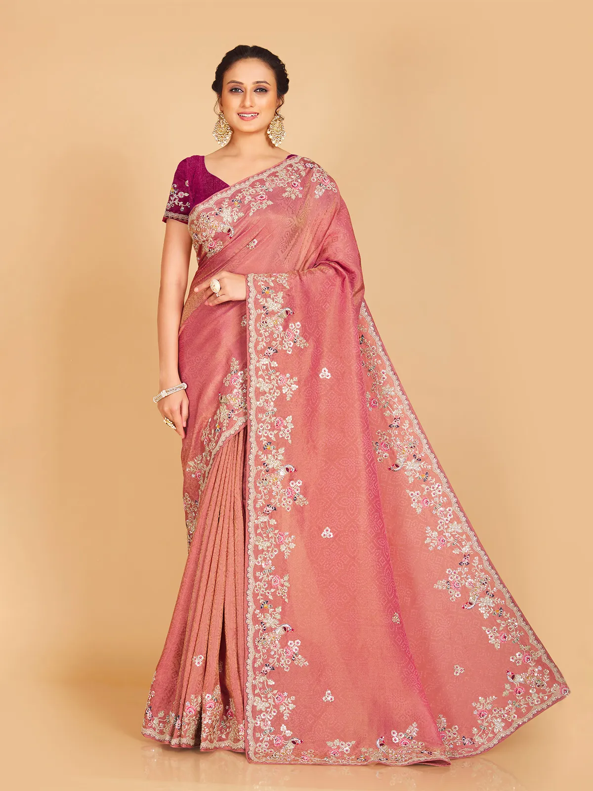 Pink shaded rich silk wedding saree