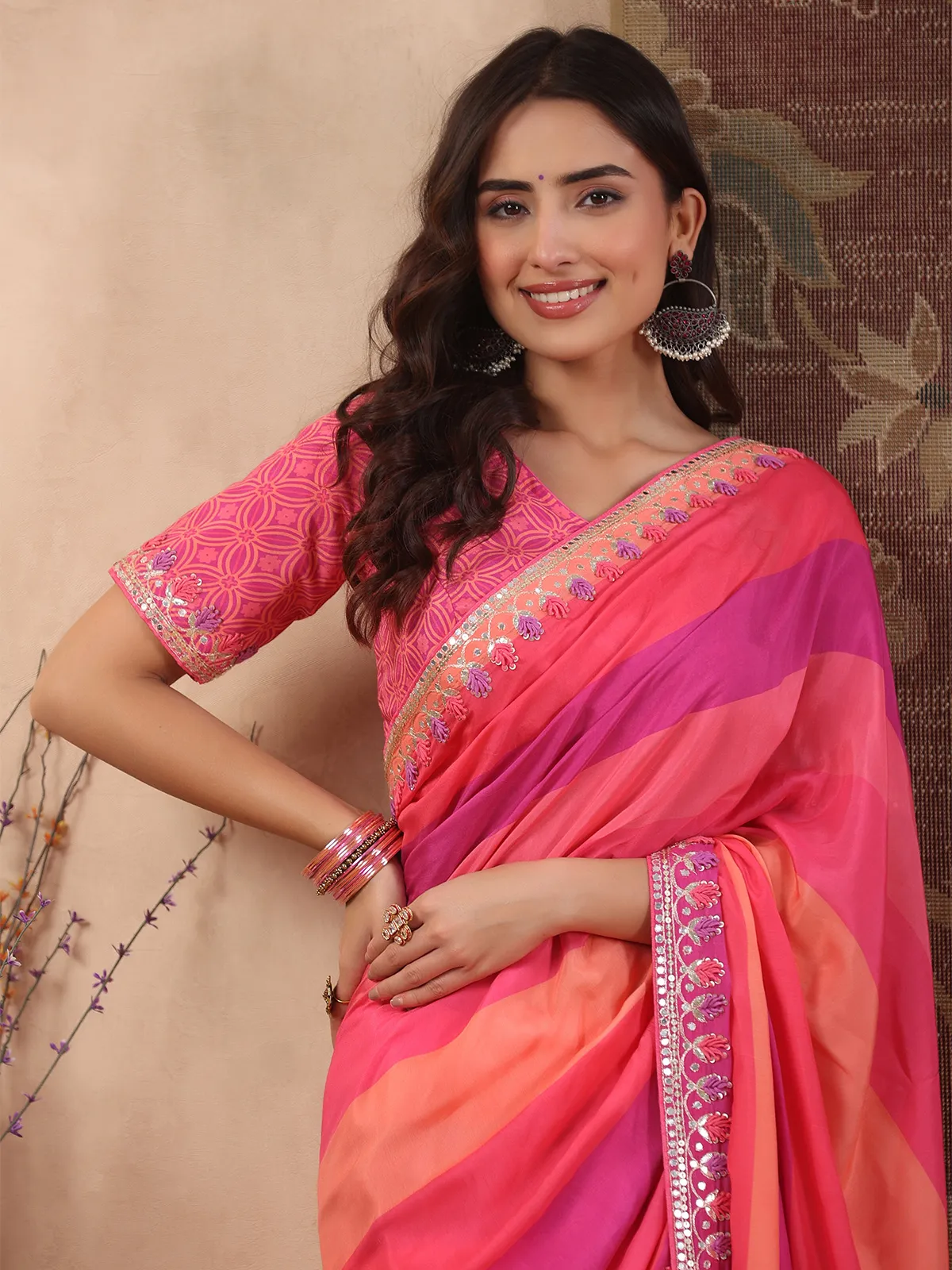 Pink shaded stripe muslin saree