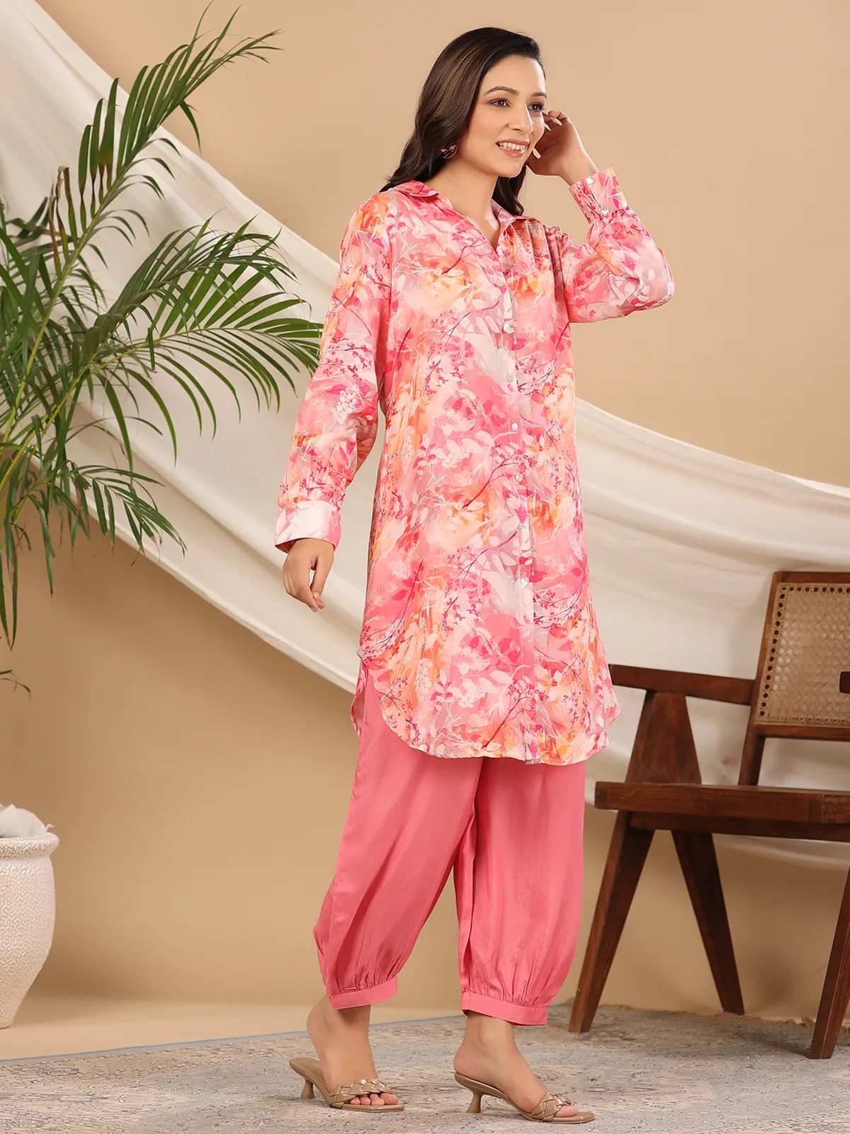 Pink silk casual printed co ord set