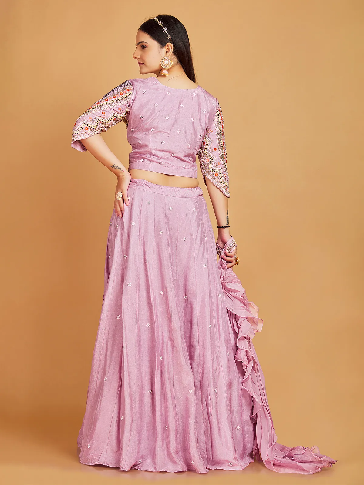 Pink silk lehenga choli with choker dupatta