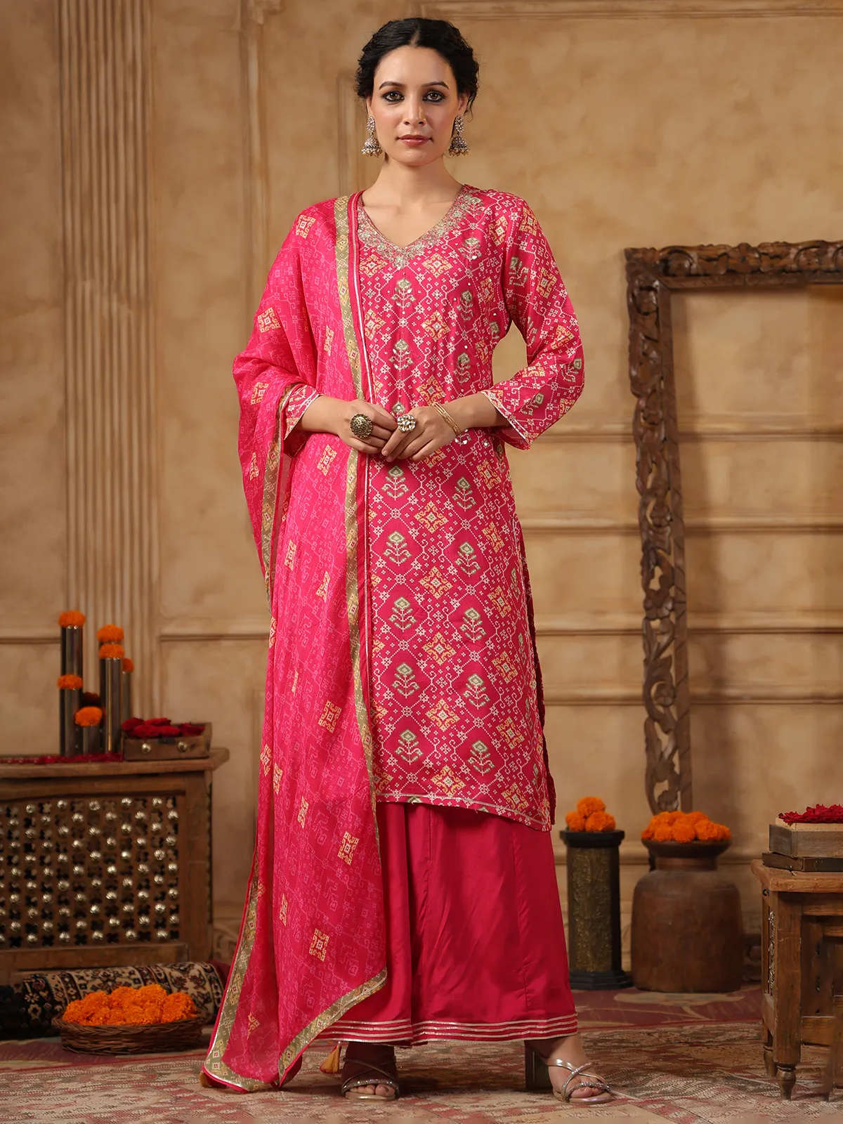 Pink silk printed palazzo kurti set