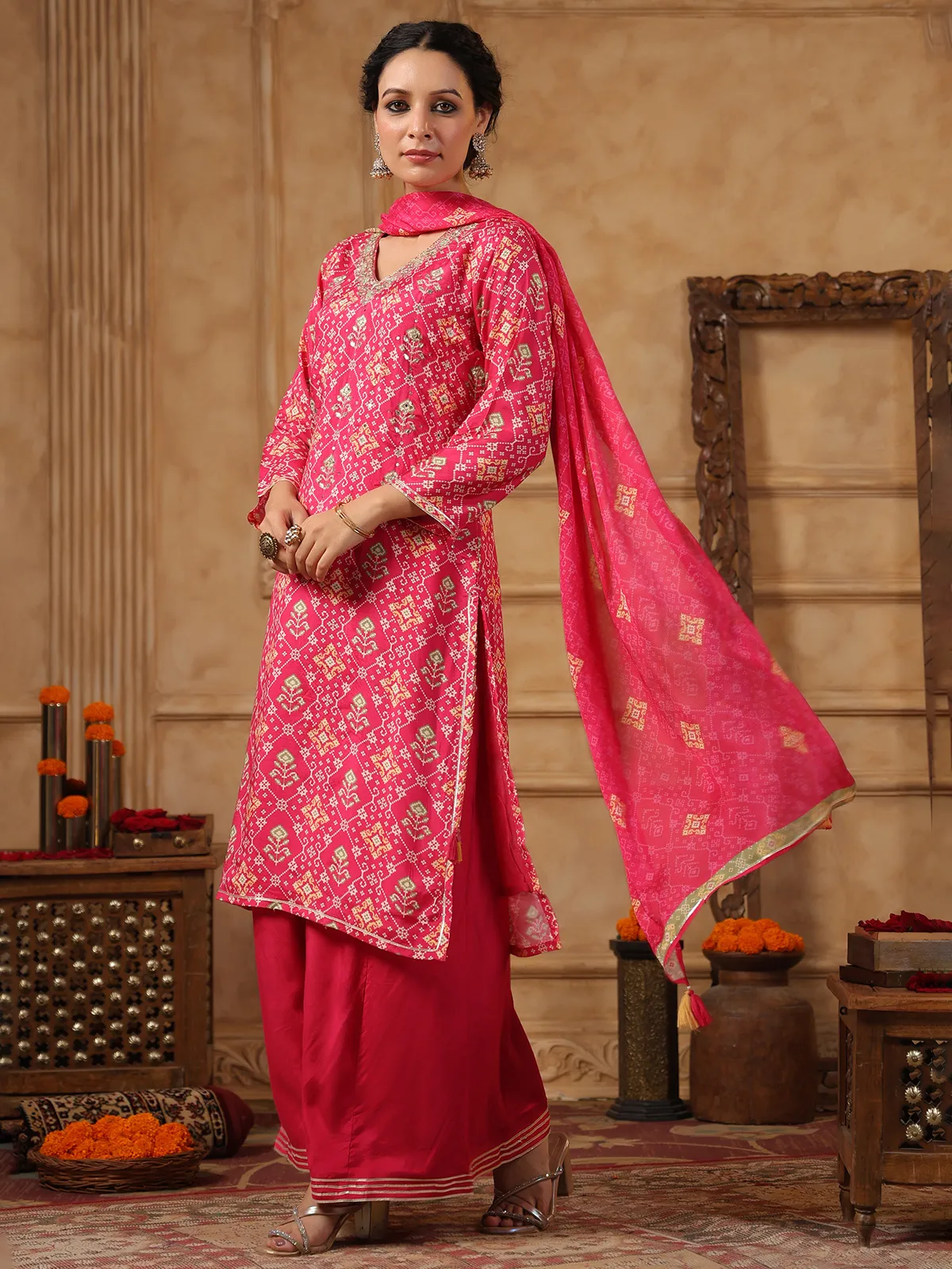 Pink silk printed palazzo kurti set