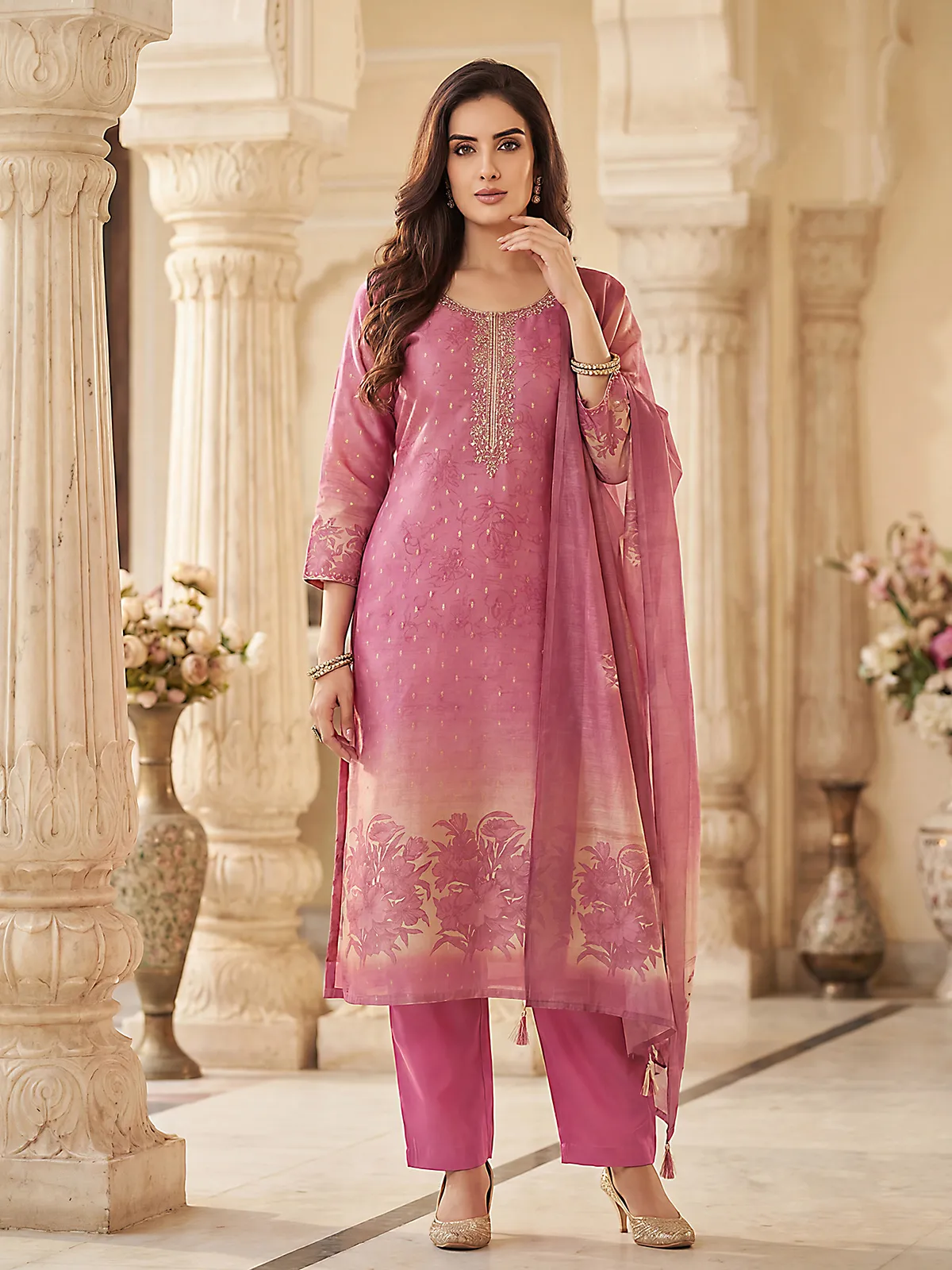 Pink silk straight salwar suit with cutdana...
