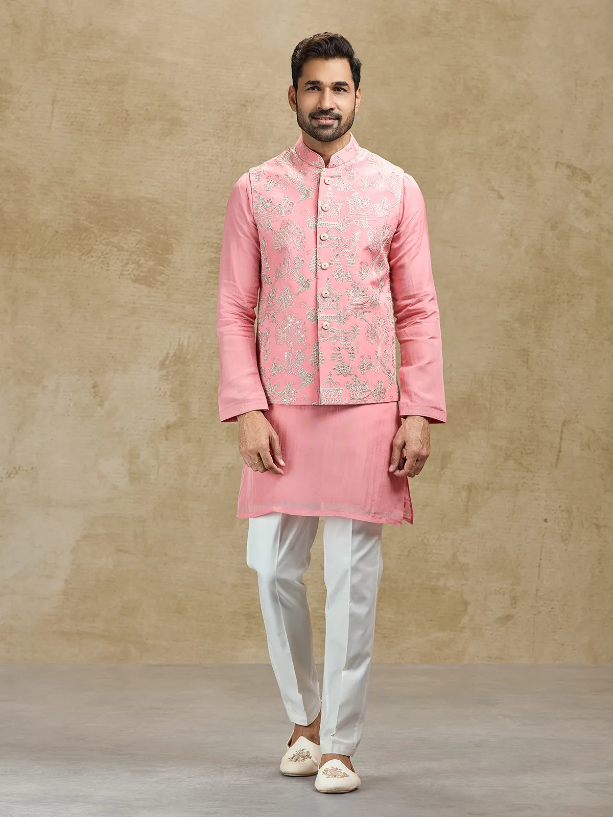 Pink silk waistcoat set for wedding wear for men