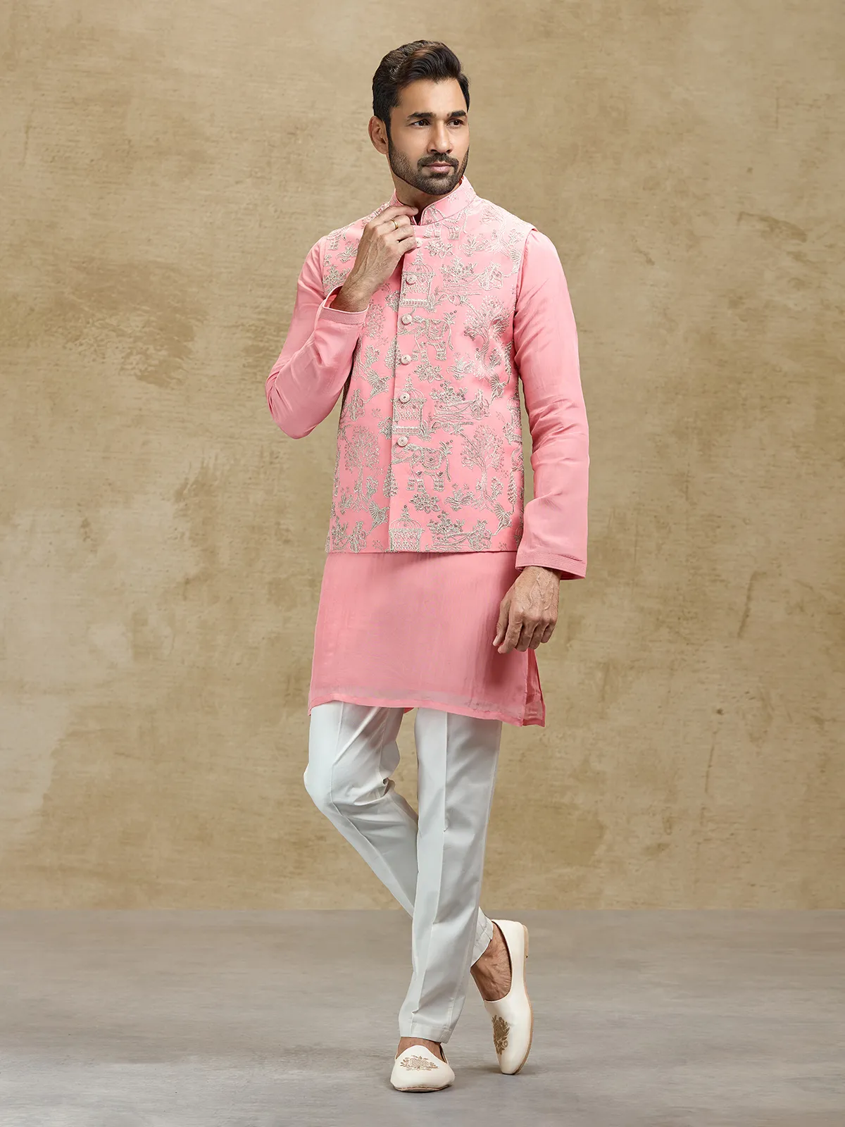 Pink silk waistcoat set for wedding wear for men