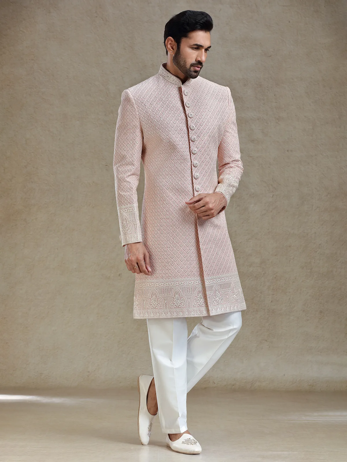 Pink silk wedding style long sherwani set