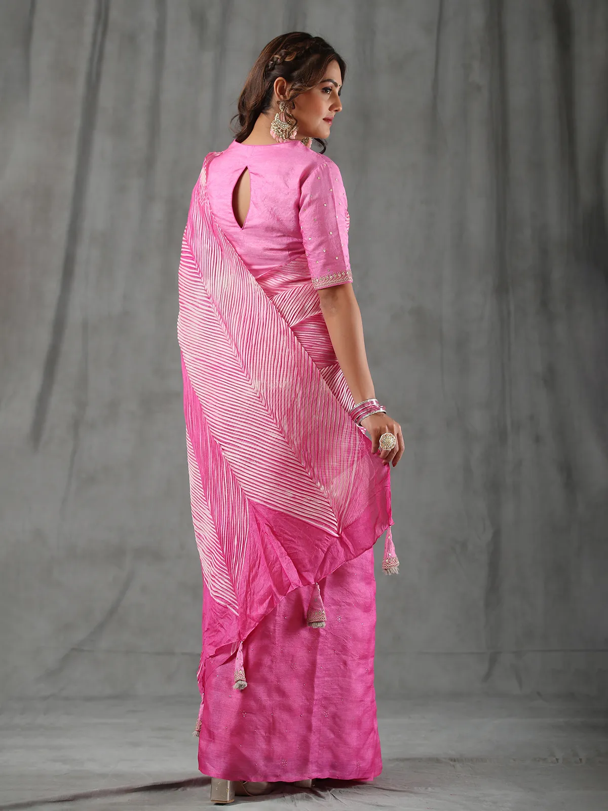 Pink tussar silk half n half saree