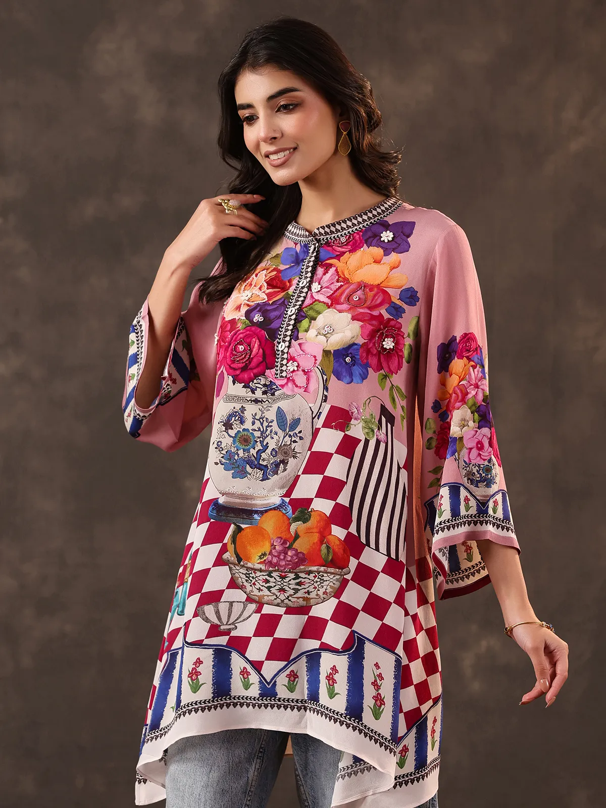 Pink viscose crepe printed short kurti