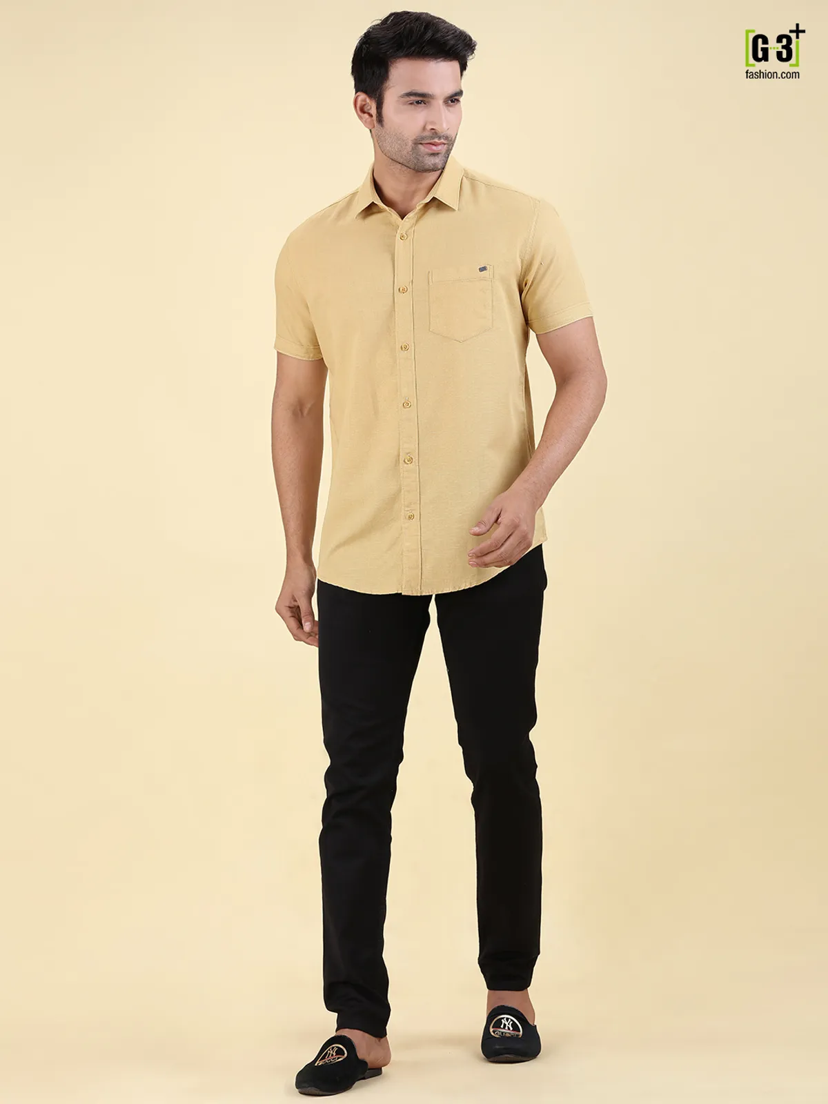 Pioneer slim collar mustard yellow solid shirt