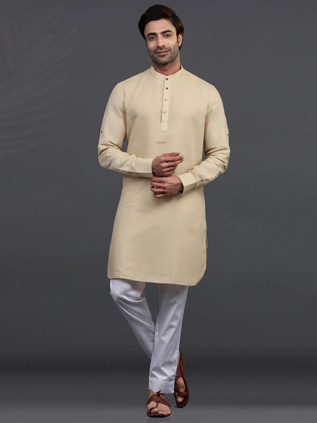 Beige linen full sleeeves kurta suit