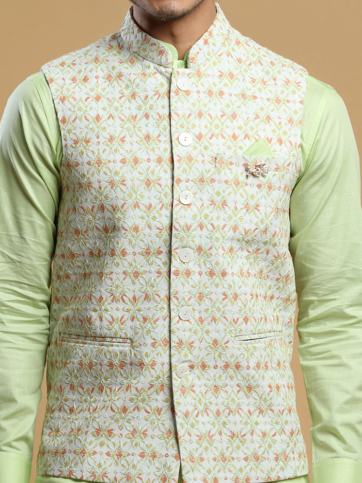 Pista green and cream silk festive waistcoat set