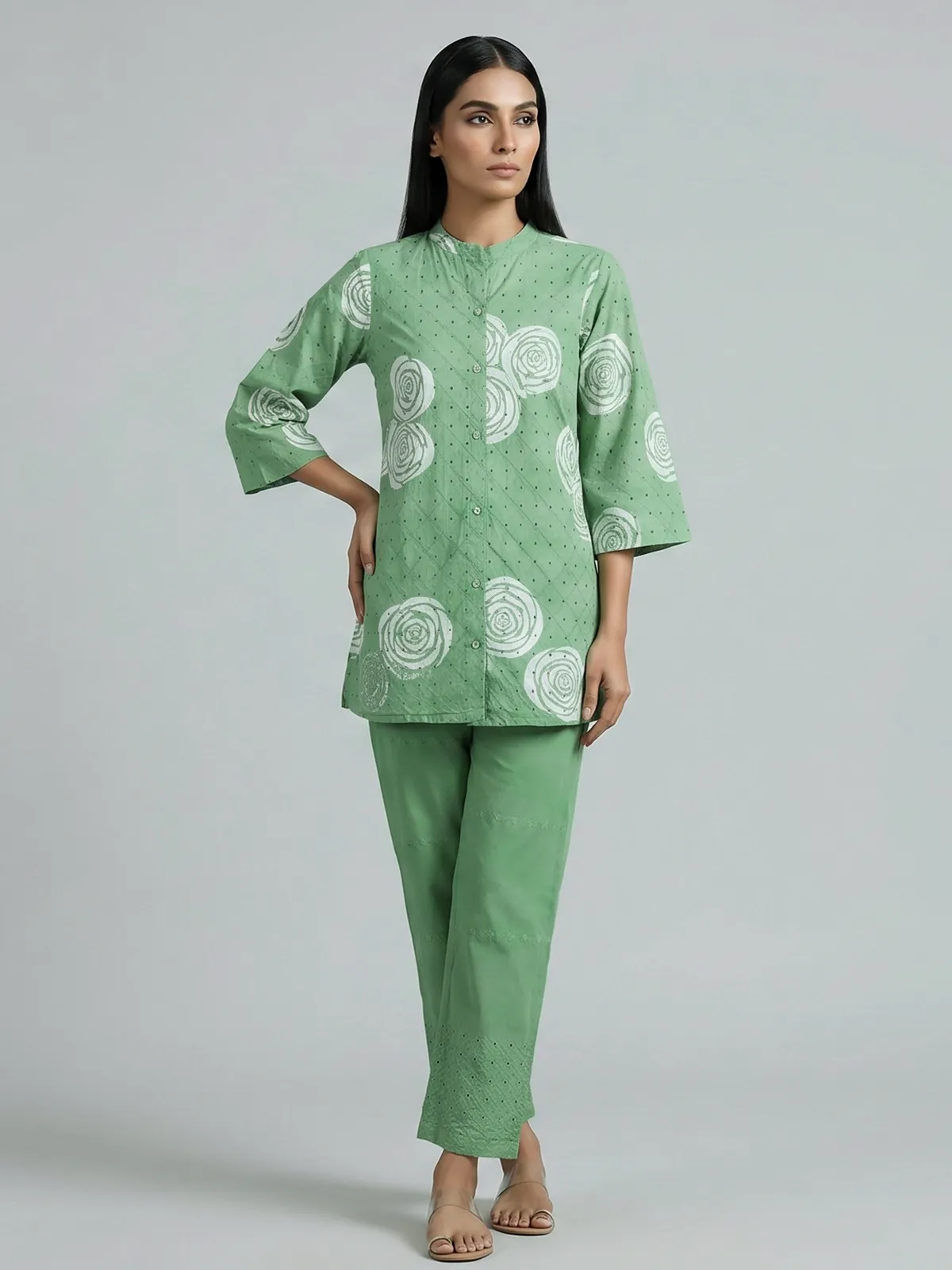Pista green cotton co ord set with cut work detailing