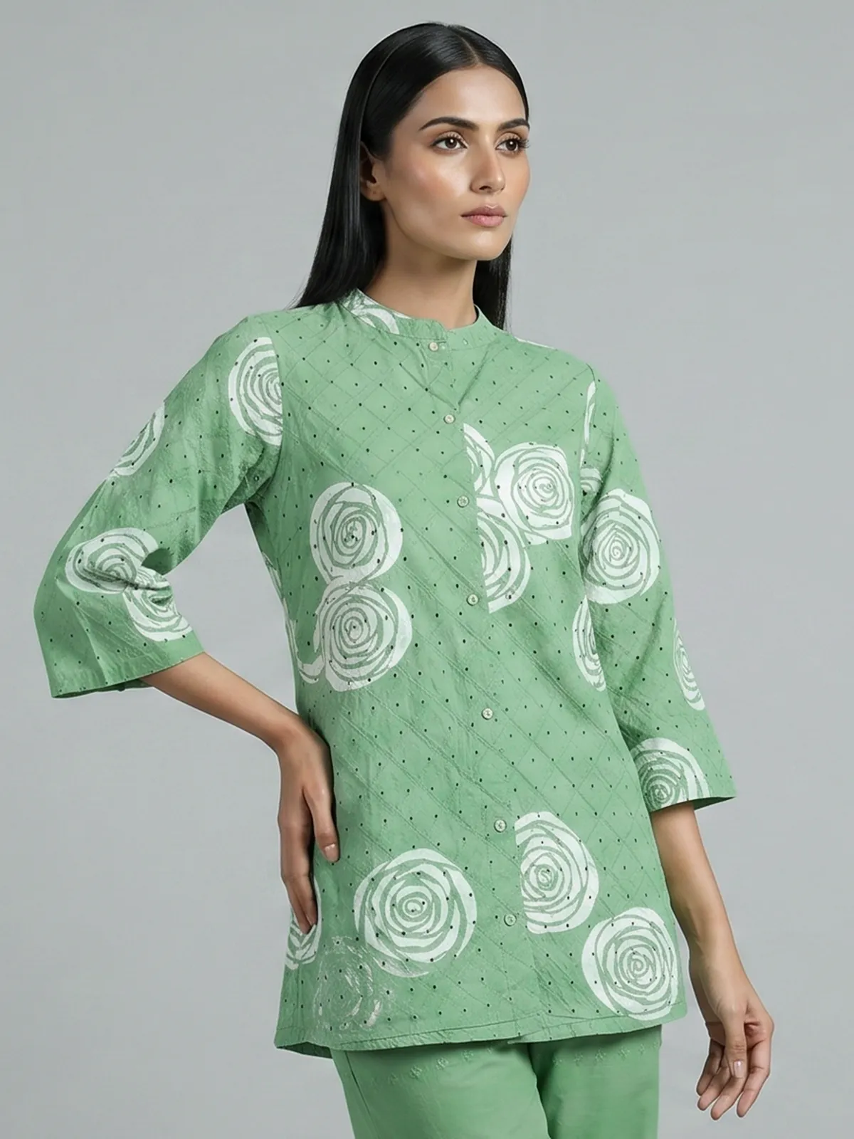 Pista green cotton co ord set with cut work detailing