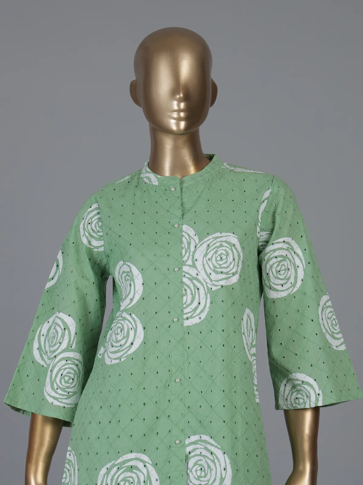 Pista green cotton co ord set with cut work detailing